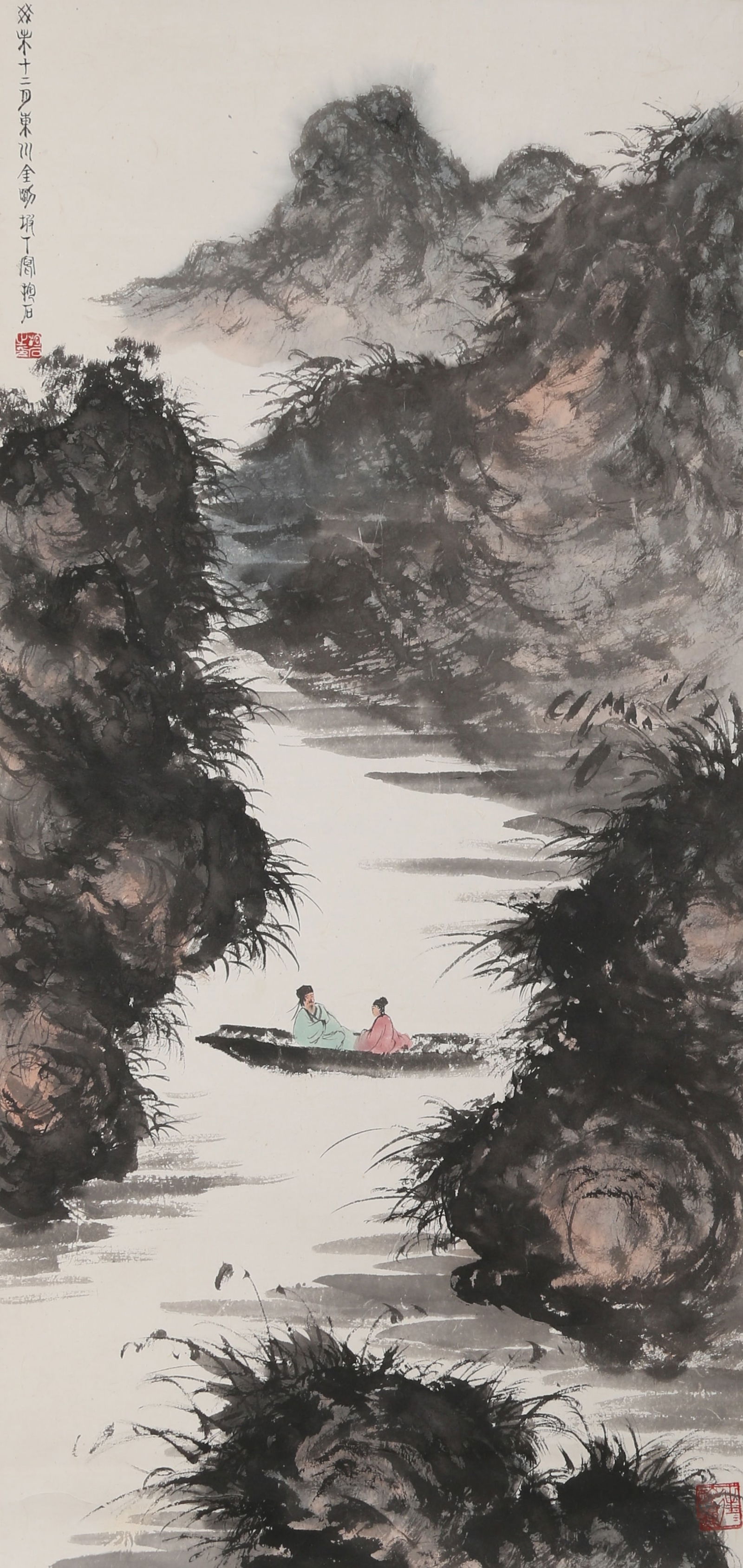 A PAPER FIGURE AND LANDSCAPE PAINTING BY FU BAOSHI.傅抱石: Paper figure and landscape painting by Fu Baoshi.傅抱石