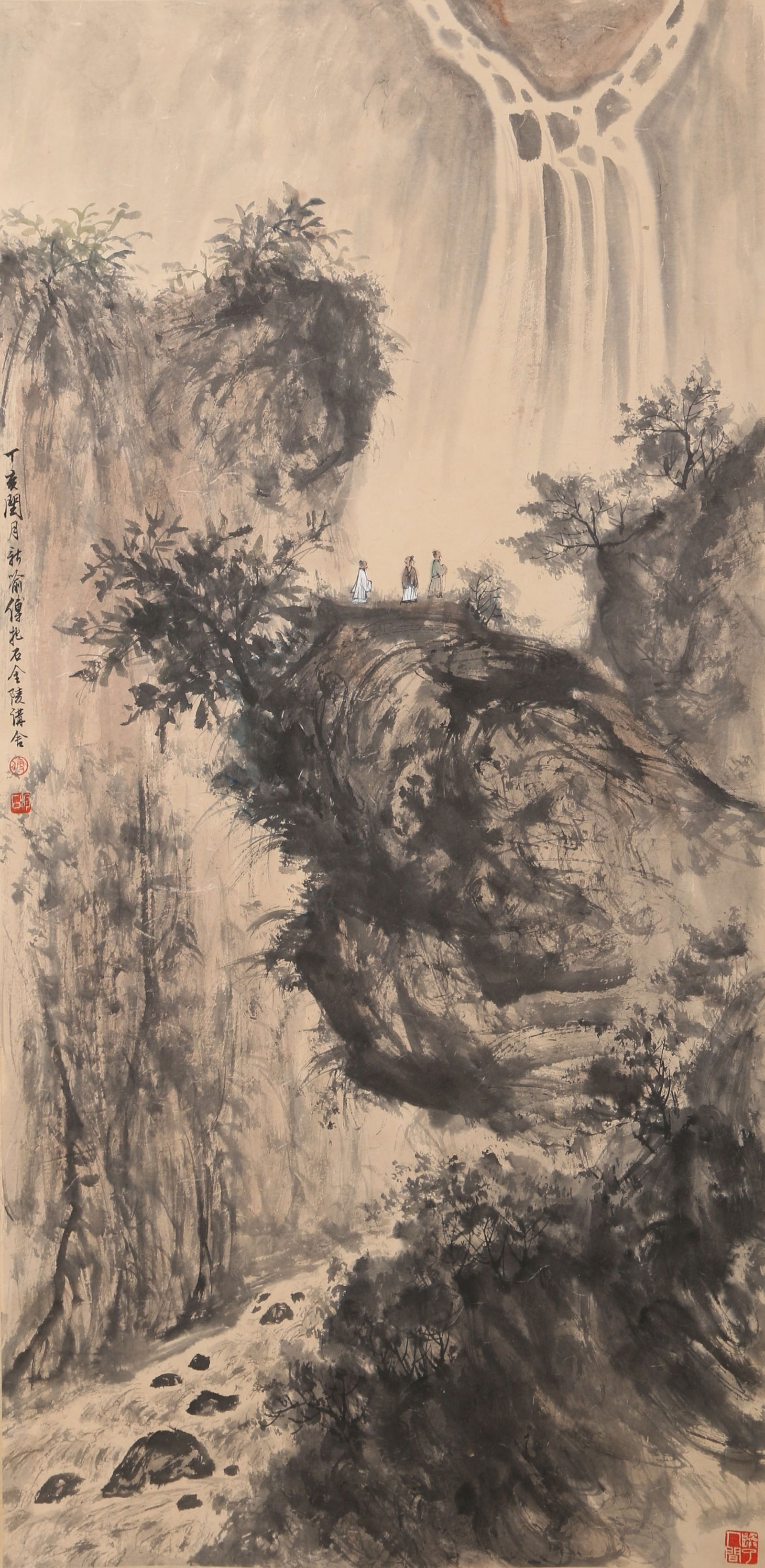 A "HIGH MOUNTAINS AND FLOWING WATER" ON PAPER BY FU BAOSHI.傅抱石: "High Mountains and Flowing Water" on paper by Fu Baoshi.傅抱石