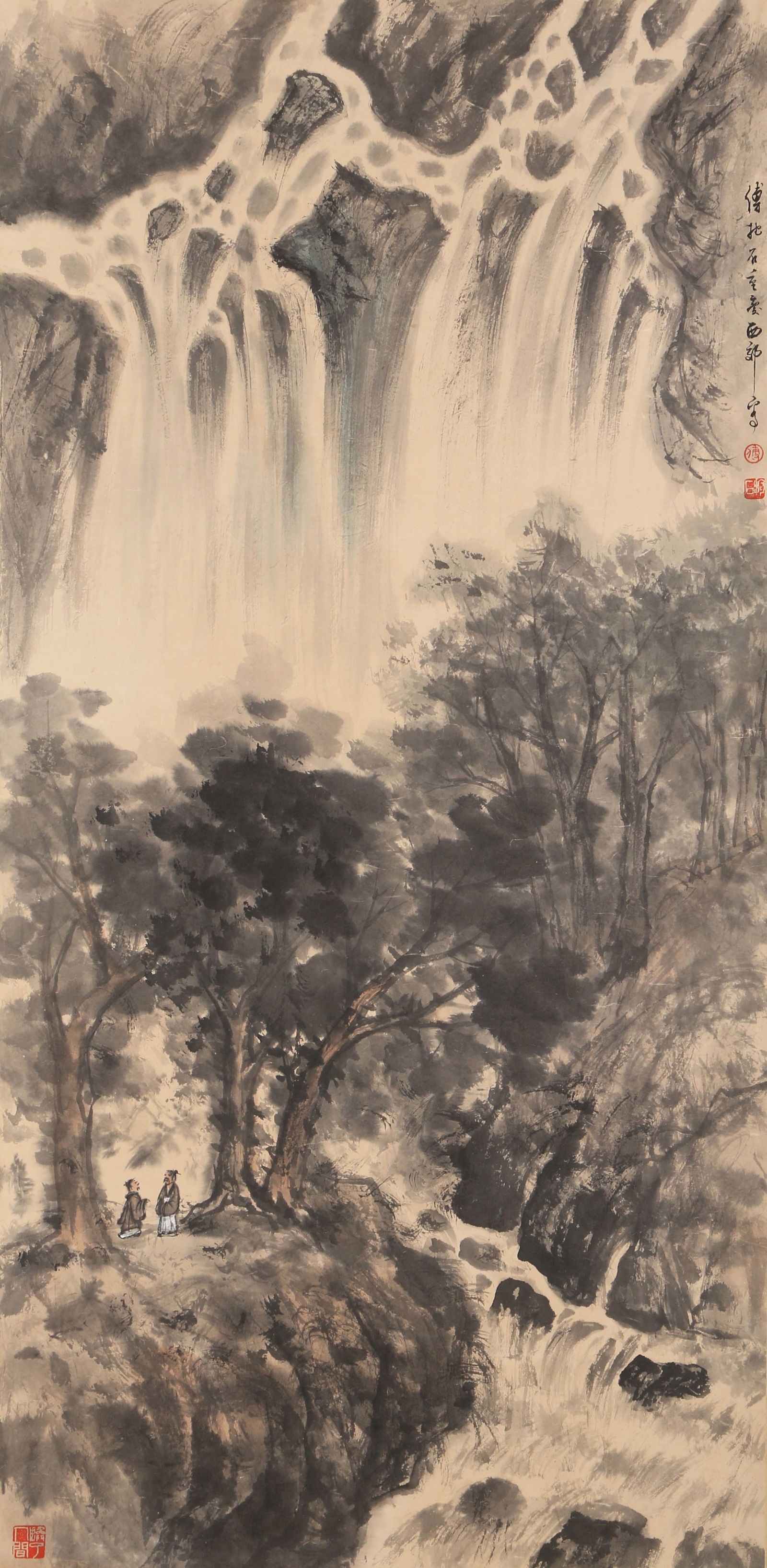 A LANDSCAPE PAINTING ON PAPER BY FU BAOSHI.傅抱石: Landscape painting on paper by Fu Baoshi.傅抱石