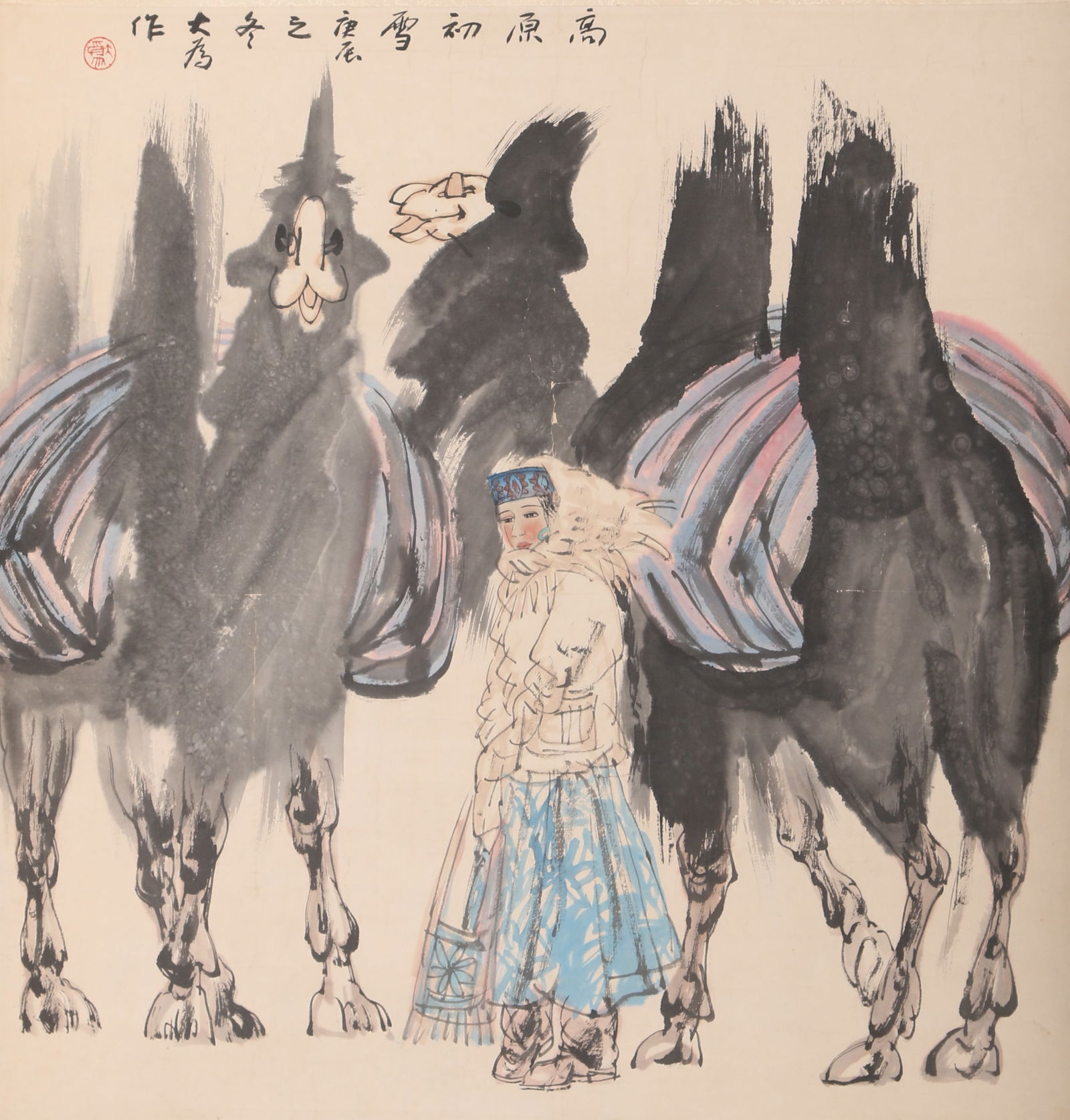 A FIRST SNOW ON THE PLATEAU PAINTING ON PAPER BY LIU DAWEI.刘大为: First Snow on the Plateau painting on paper by Liu Dawei.刘大为