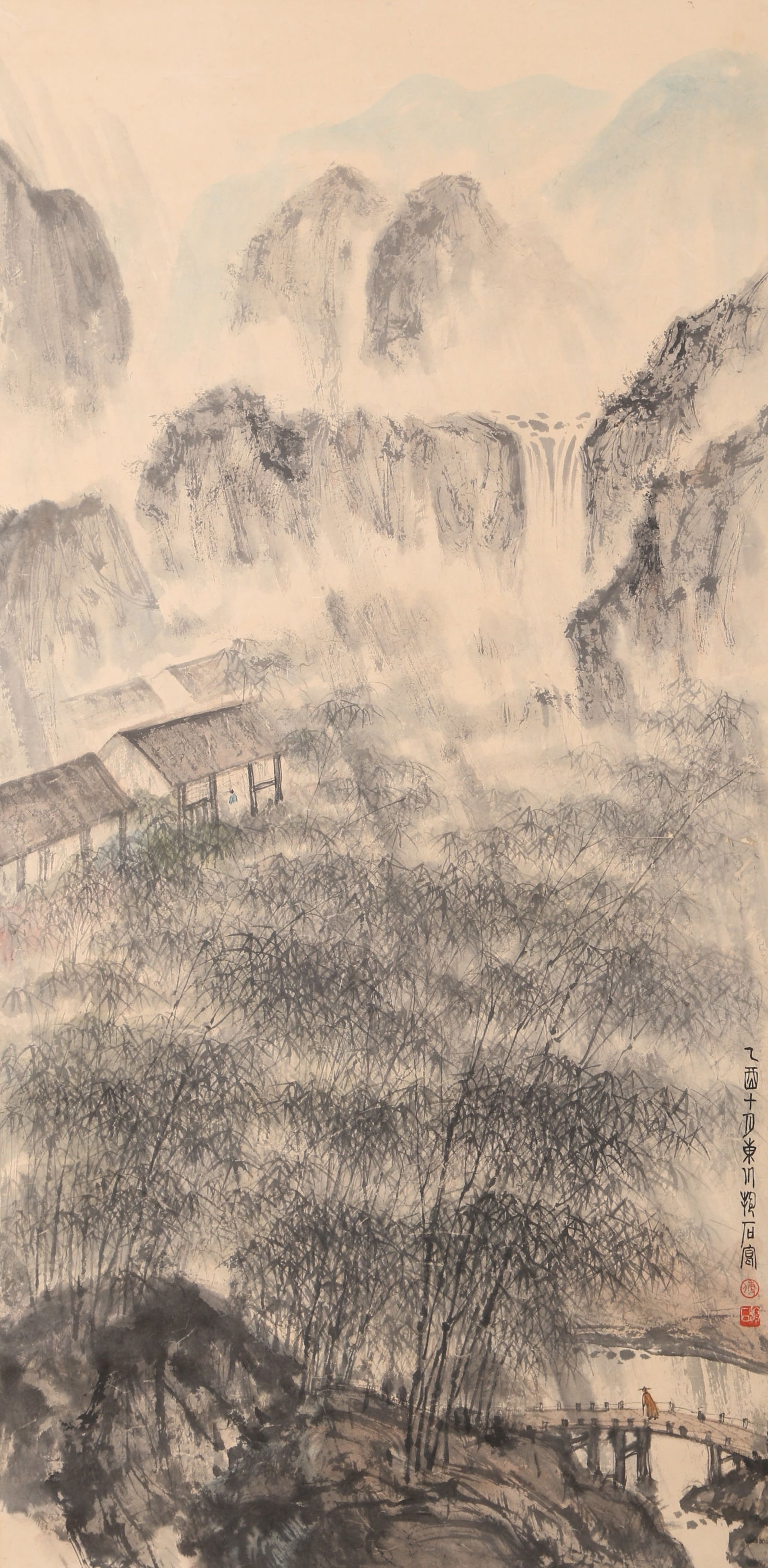 A LANDSCAPE PAINTING ON PAPER BY FU BAOSHI.傅抱石: Landscape painting on paper by Fu Baoshi.傅抱石