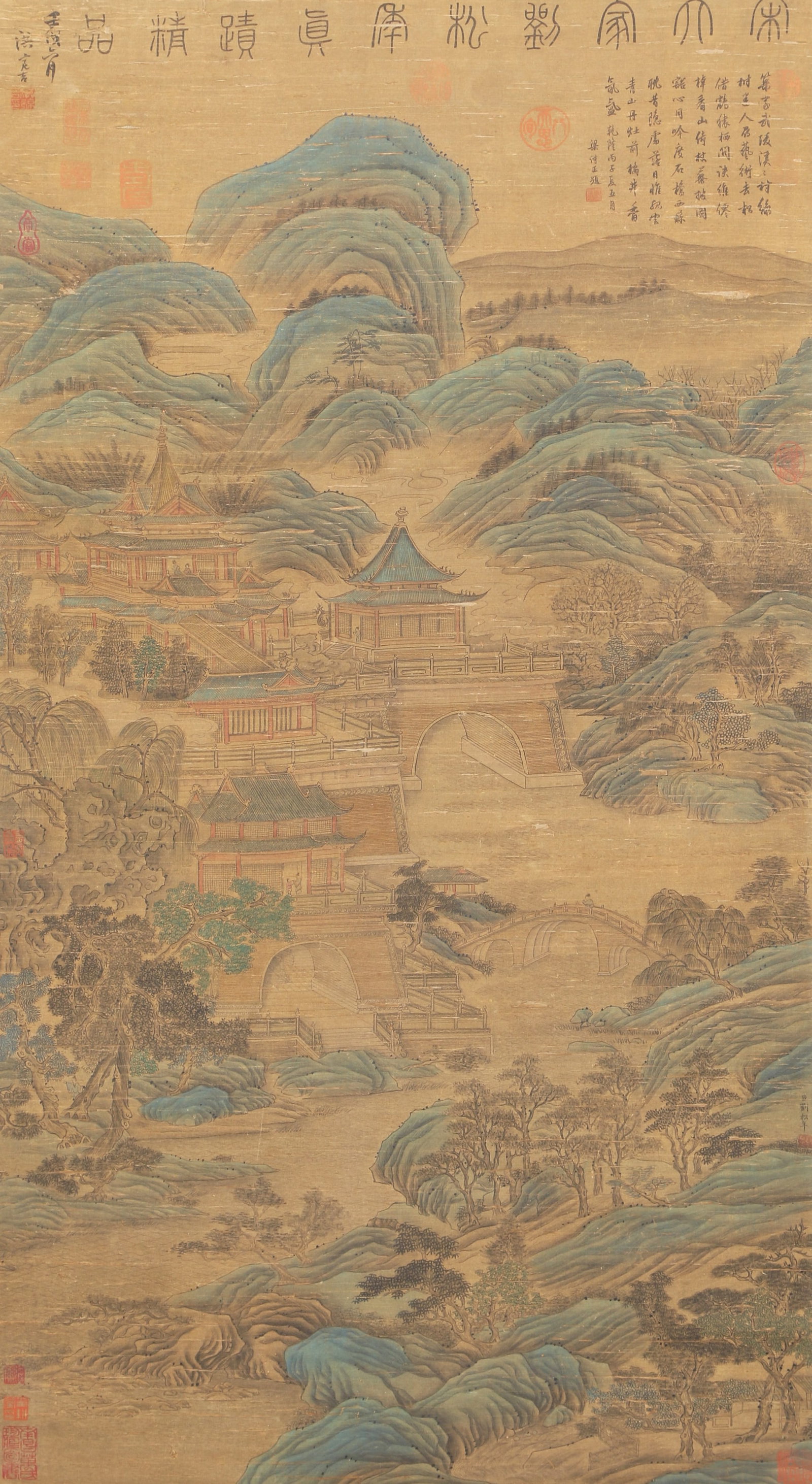 A LANDSCAPE AND PAVILIONS ON SILK BY LIU SONGNIAN.刘松年: Landscape and Pavilions on Silk by Liu Songnian.刘松年