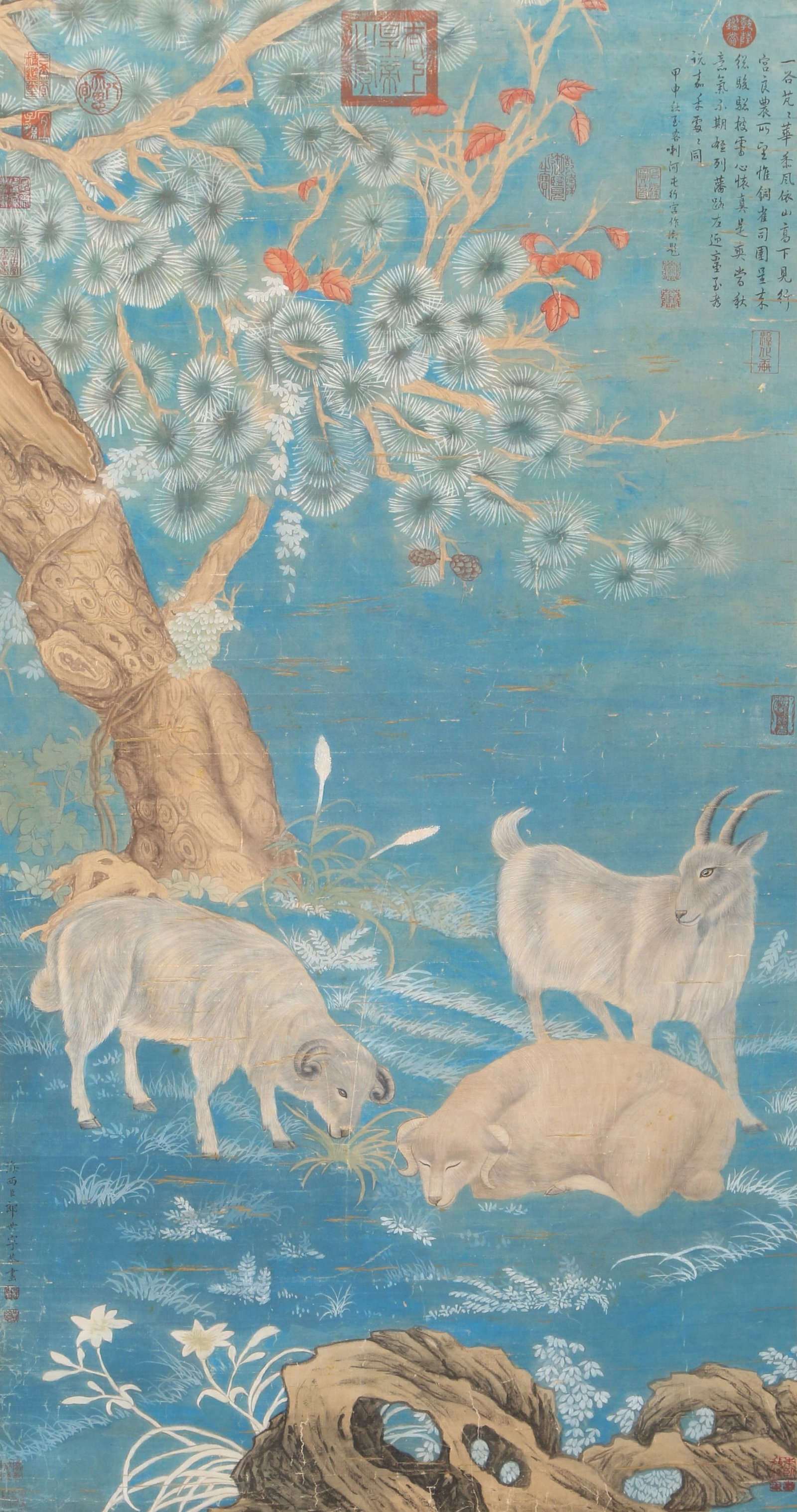 A "THREE GOATS BRING BLISS" ON SILK BY GIUSEPPE CASTIGLIONE (LANG SHINING).郎世宁: "Three Goats Bring Bliss" on Silk by Giuseppe Castiglione (Lang Shining).郎世宁