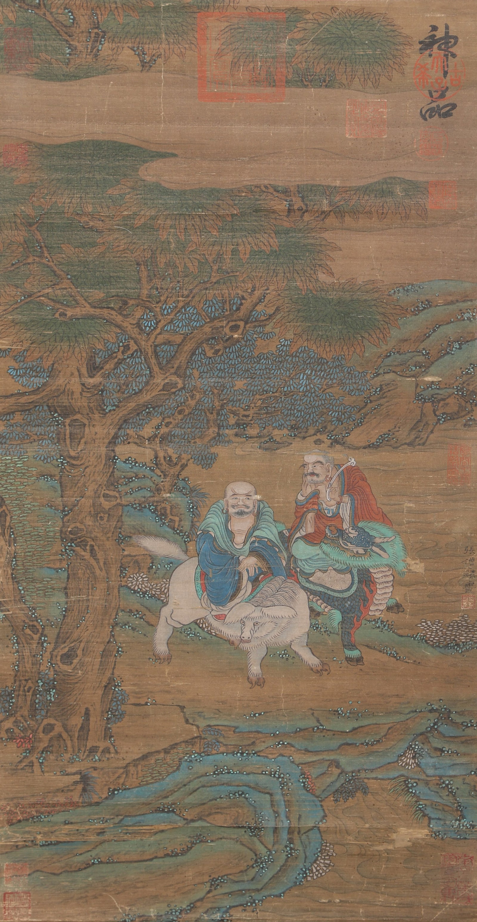 A ARHATS ON SILK BY ZHANG SENGYOU.张僧繇: Arhats on Silk by Zhang Sengyou.张僧繇