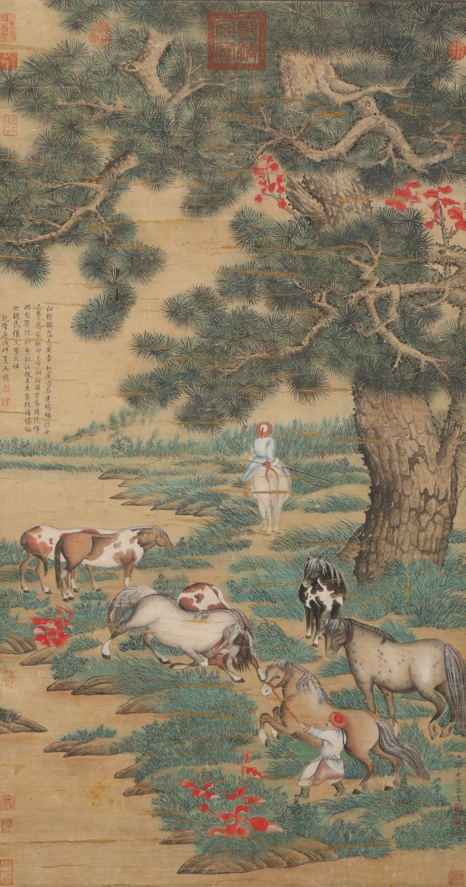 A GRAZING HORSES ON SILK BY GIUSEPPE CASTIGLIONE (LANG SHINING).郎世宁: Grazing Horses on Silk by Giuseppe Castiglione (Lang Shining).郎世宁