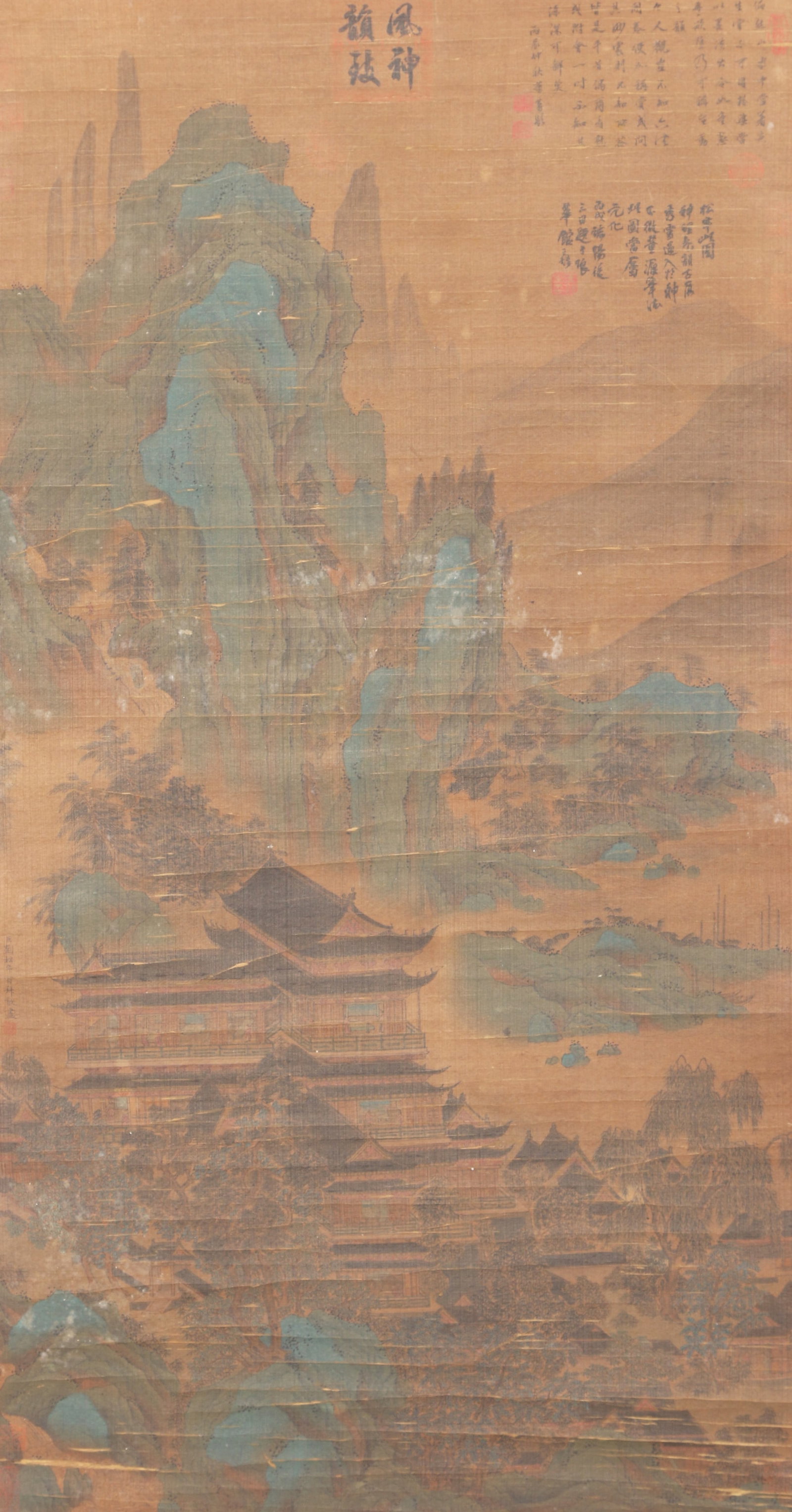 A LANDSCAPE WITH PAVILIONS ON SILK BY LIU SONGNIAN.刘松年: Landscape with Pavilions on Silk by Liu Songnian.刘松年