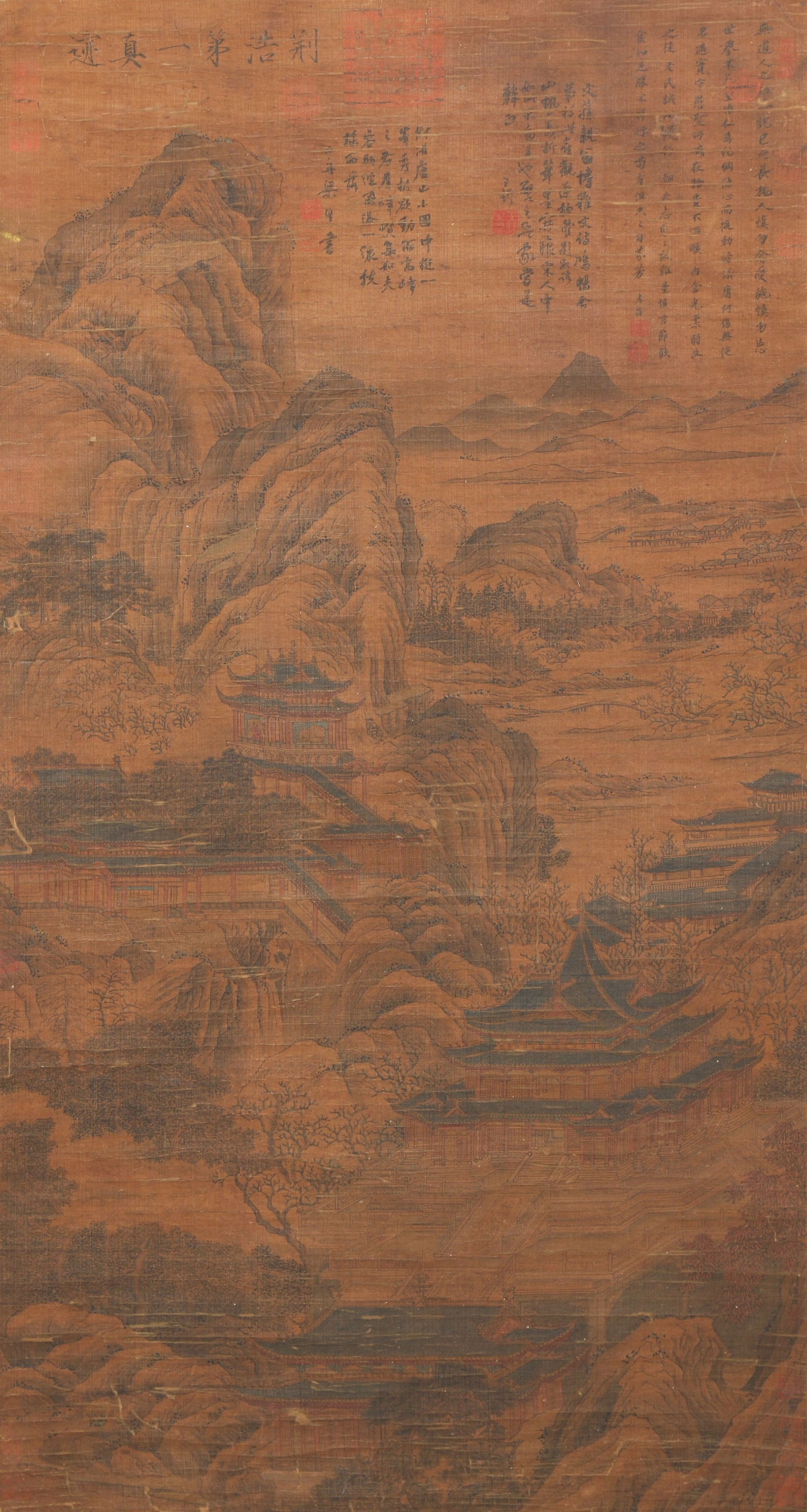 A LANDSCAPE WITH PAVILIONS PAINTING ON SILK SCROLL BY JING HAO.荆浩 (1 of 14)