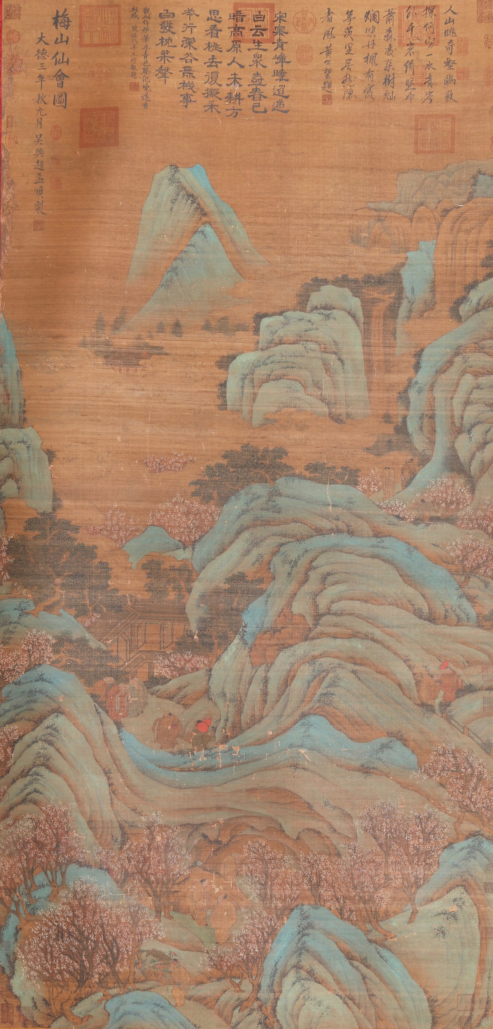 A GATHERING OF IMMORTALS AT MEISHAN ON SILK BY ZHAO MENGFU.赵孟頫: Gathering of Immortals at Meishan on Silk by Zhao Mengfu.赵孟頫