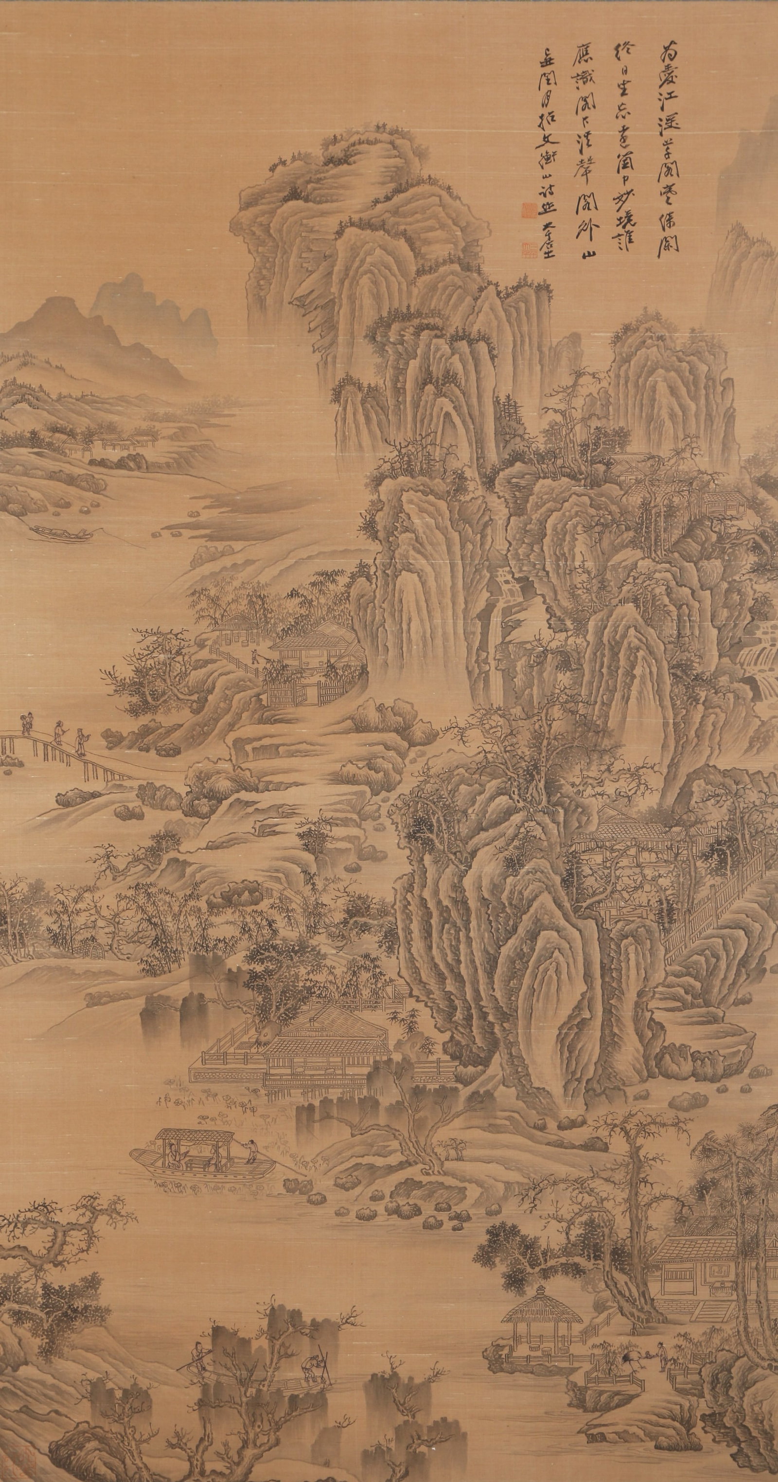 A LANDSCAPE ON SILK BY ZHANG DAQIAN.张大千: Landscape on Silk by Zhang Daqian.张大千