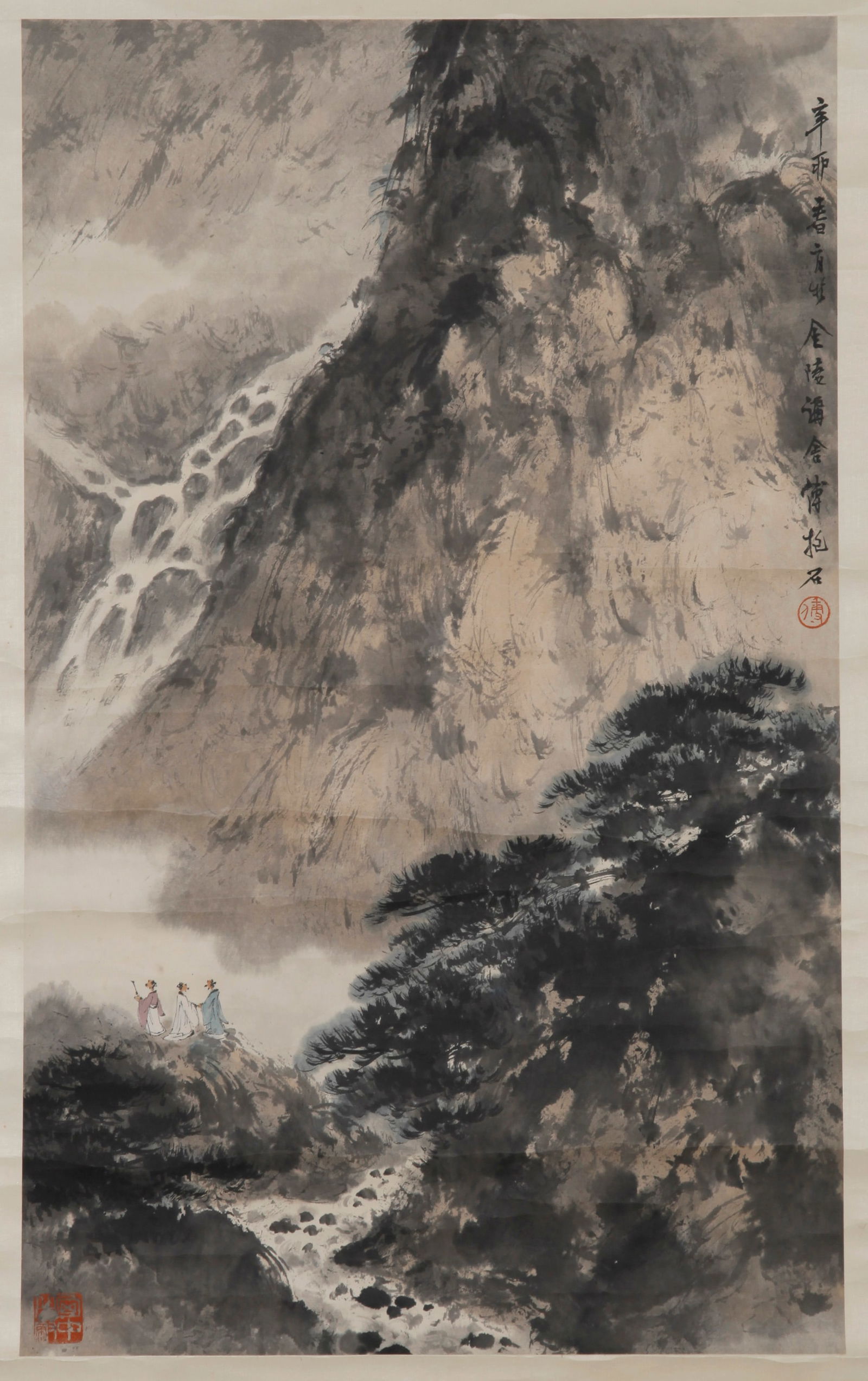 A LANDSCAPE AND FIGURE PAINTING ON PAPER BY FU BAOSHI.傅抱石: Landscape and Figure Painting on Paper by Fu Baoshi.傅抱石