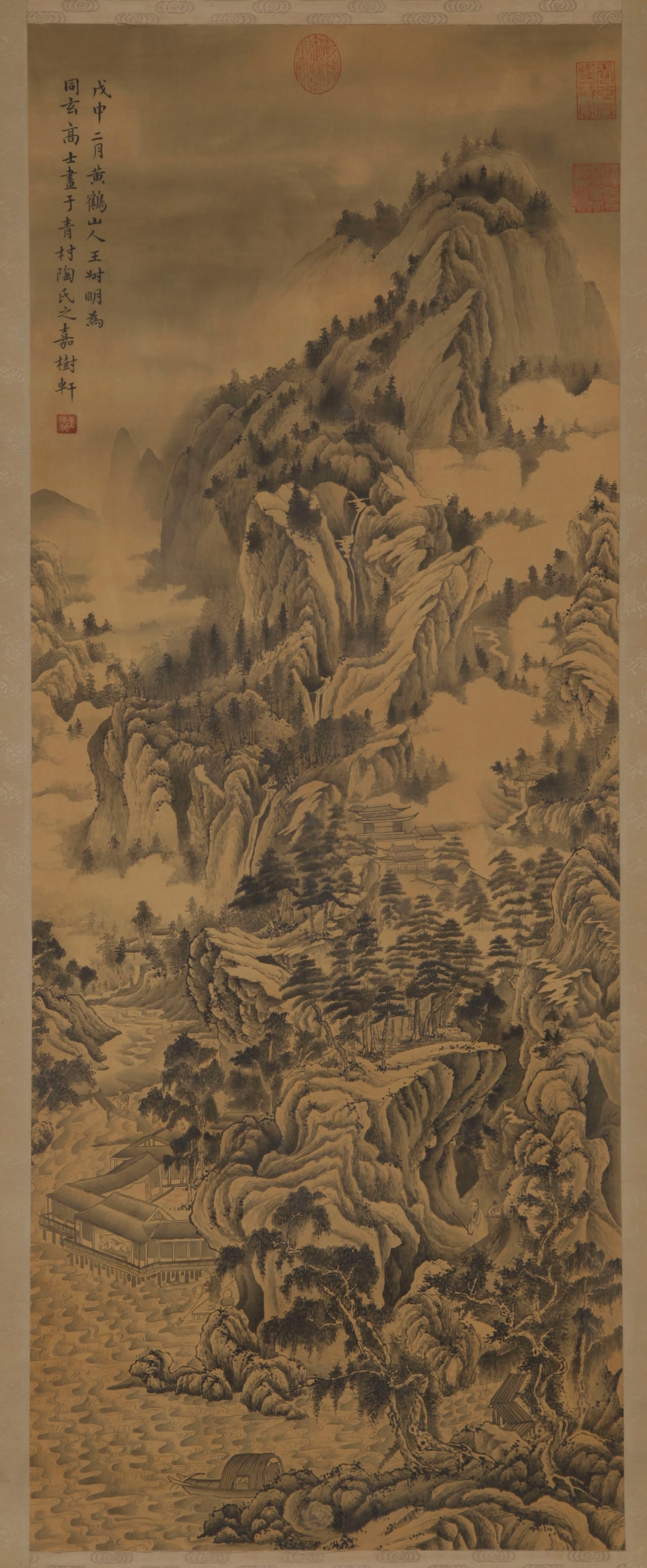 A LANDSCAPE WITH PAVILION PAINTING ON SILK BY WANG MENG.王蒙: Landscape with Pavilion Painting on Silk by Wang Meng.王蒙