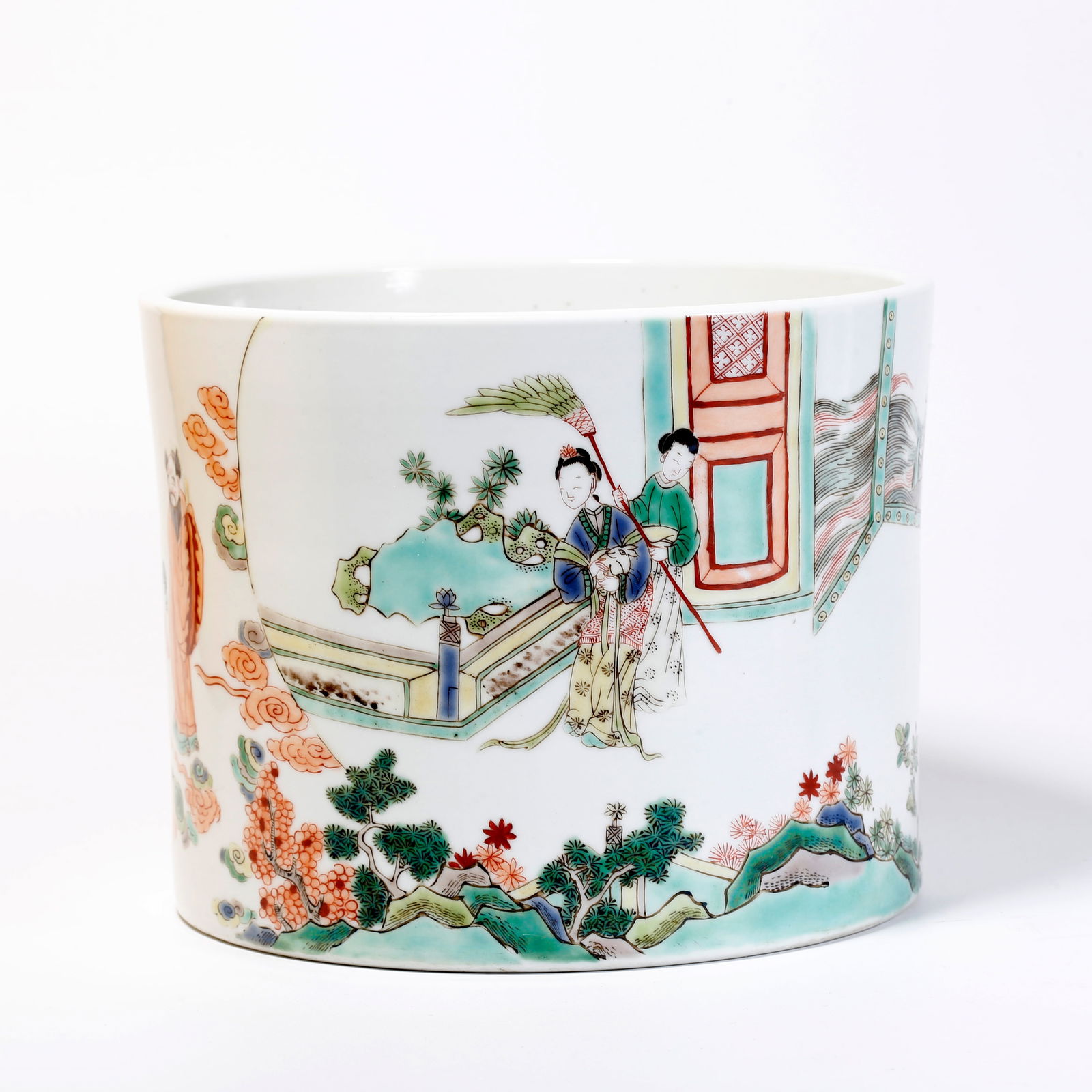 A FAMILLE ROSE FIGURE STORY PATTERNED BRUSH POT: Famille rose figure story patterned brush pot