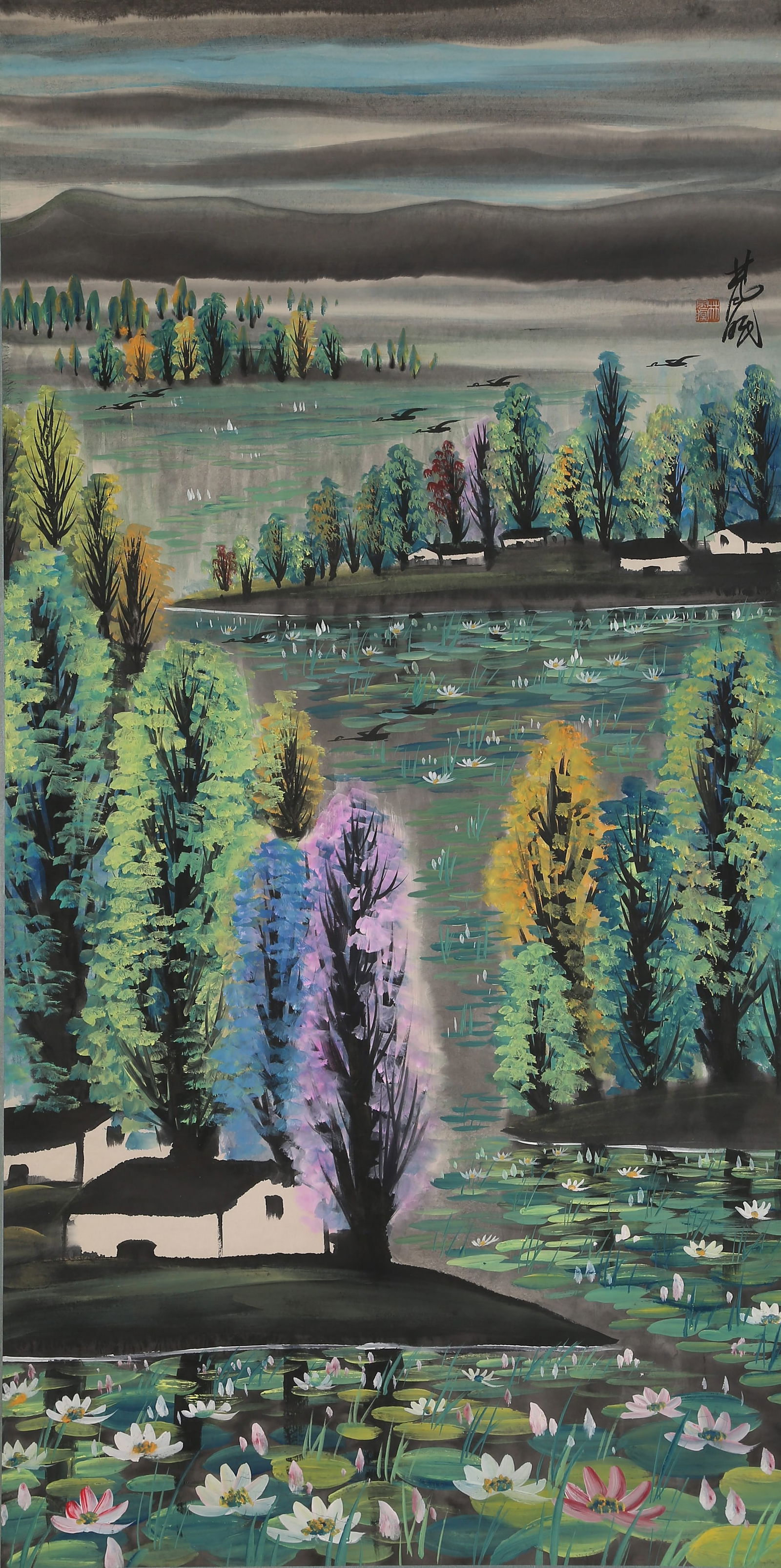 A LANDSCAPE PAINTING ON PAPER BY LIN FENGMIAN.林風眠: Landscape Painting on Paper by Lin Fengmian.林風眠