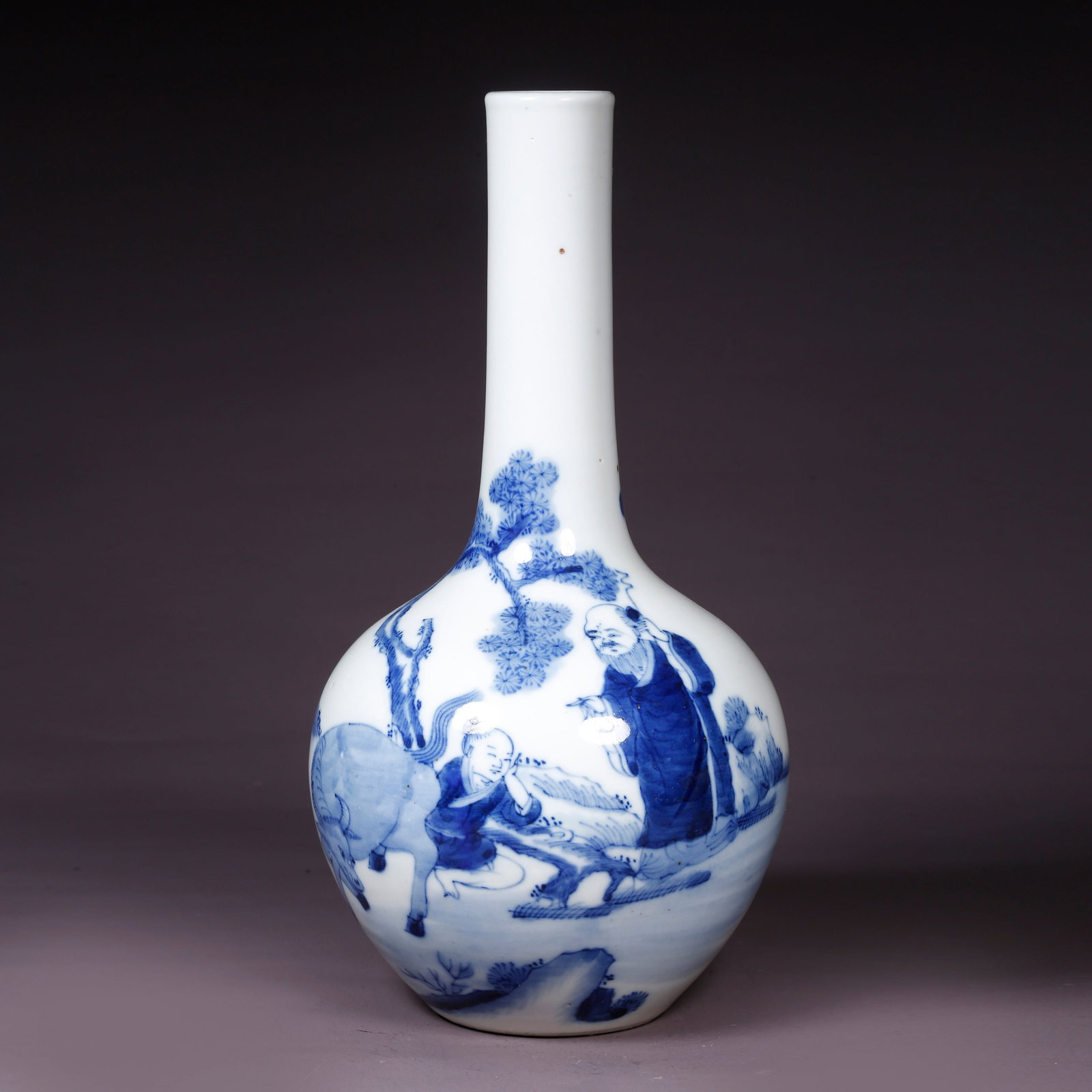 A BLUE-AND-WHITE ALMS BOTTLE WITH FIGURATIVE STORY DESIGN: Blue-and-White Alms Bottle with Figurative Story Design