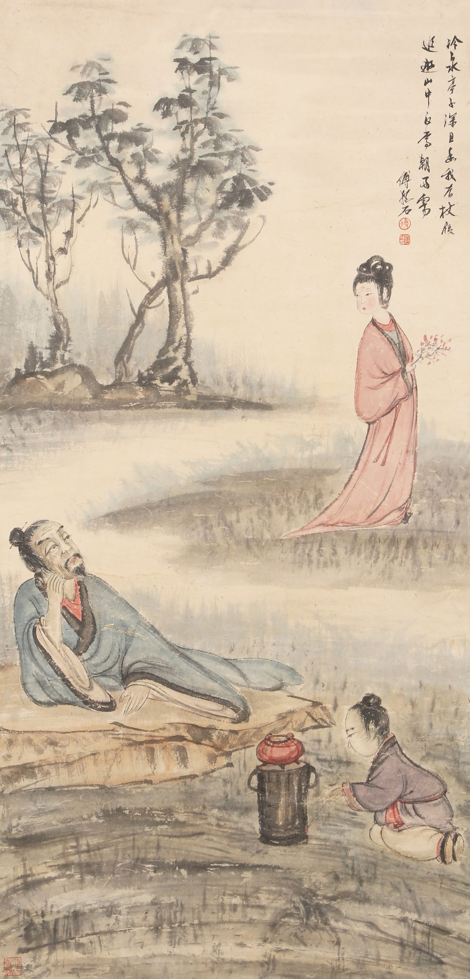 A FIGURE PAINTING OF A HISTORICAL STORY ON PAPER FU BAOSHI.傅抱石: Figure Painting of a Historical Story on Paper Fu Baoshi.傅抱石