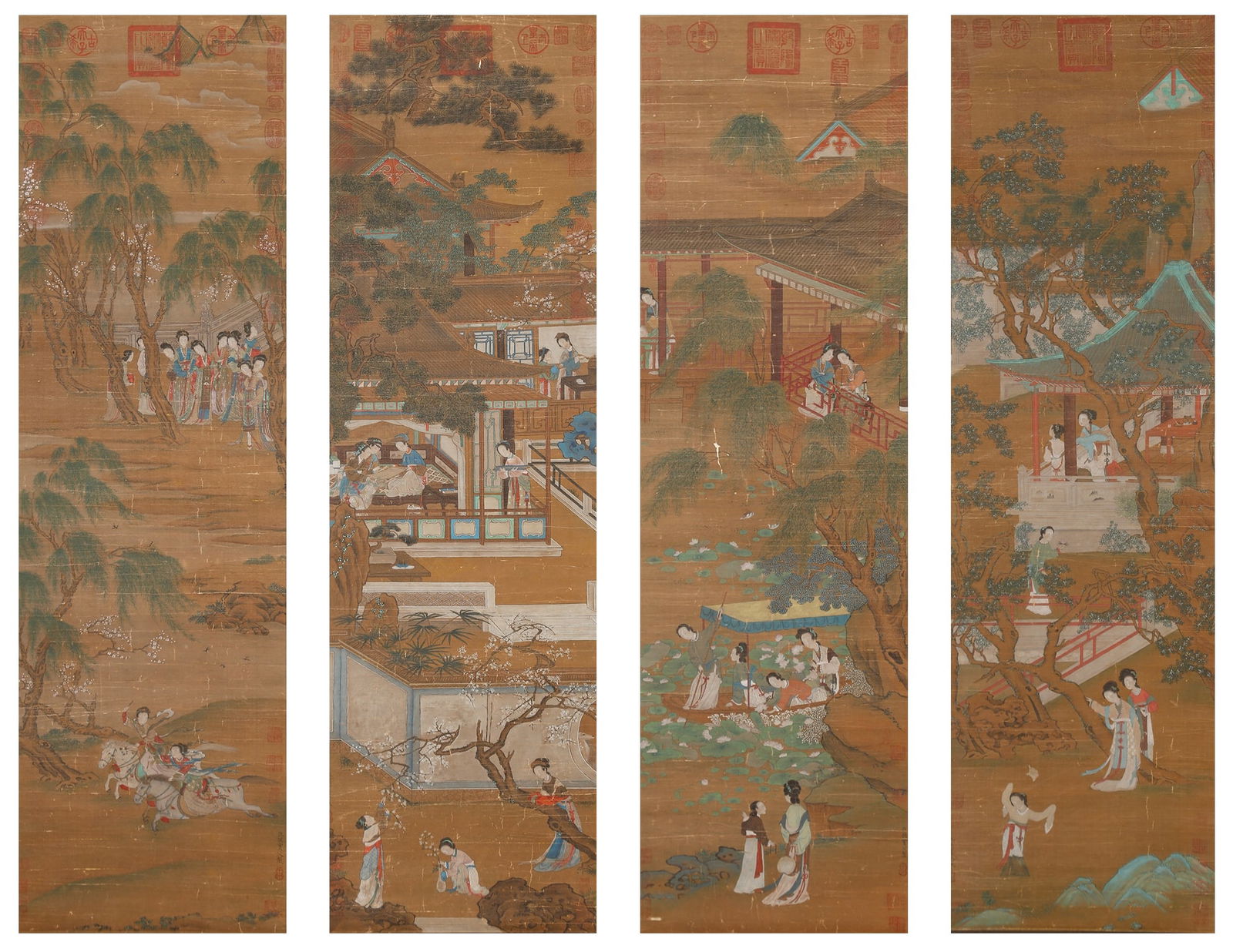 A COURTYARD SCENE WITH FIGURES ON SILK BY QIU YING (4 PIECES).仇英: Courtyard Scene with Figures on Silk by Qiu Ying (4 pieces).仇英