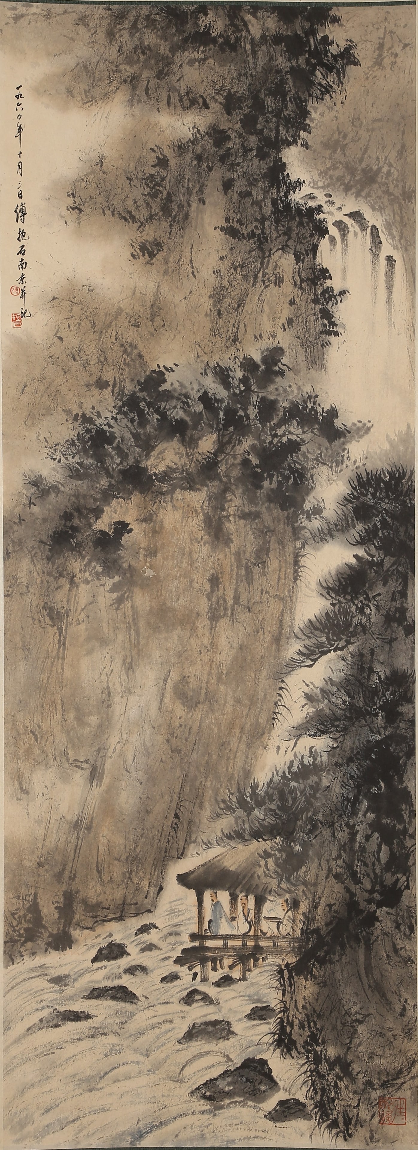A LANDSCAPE AND FIGURE PAINTING ON PAPER BY FU BAOSHI.傅抱石: Landscape and figure painting on paper by Fu Baoshi.傅抱石