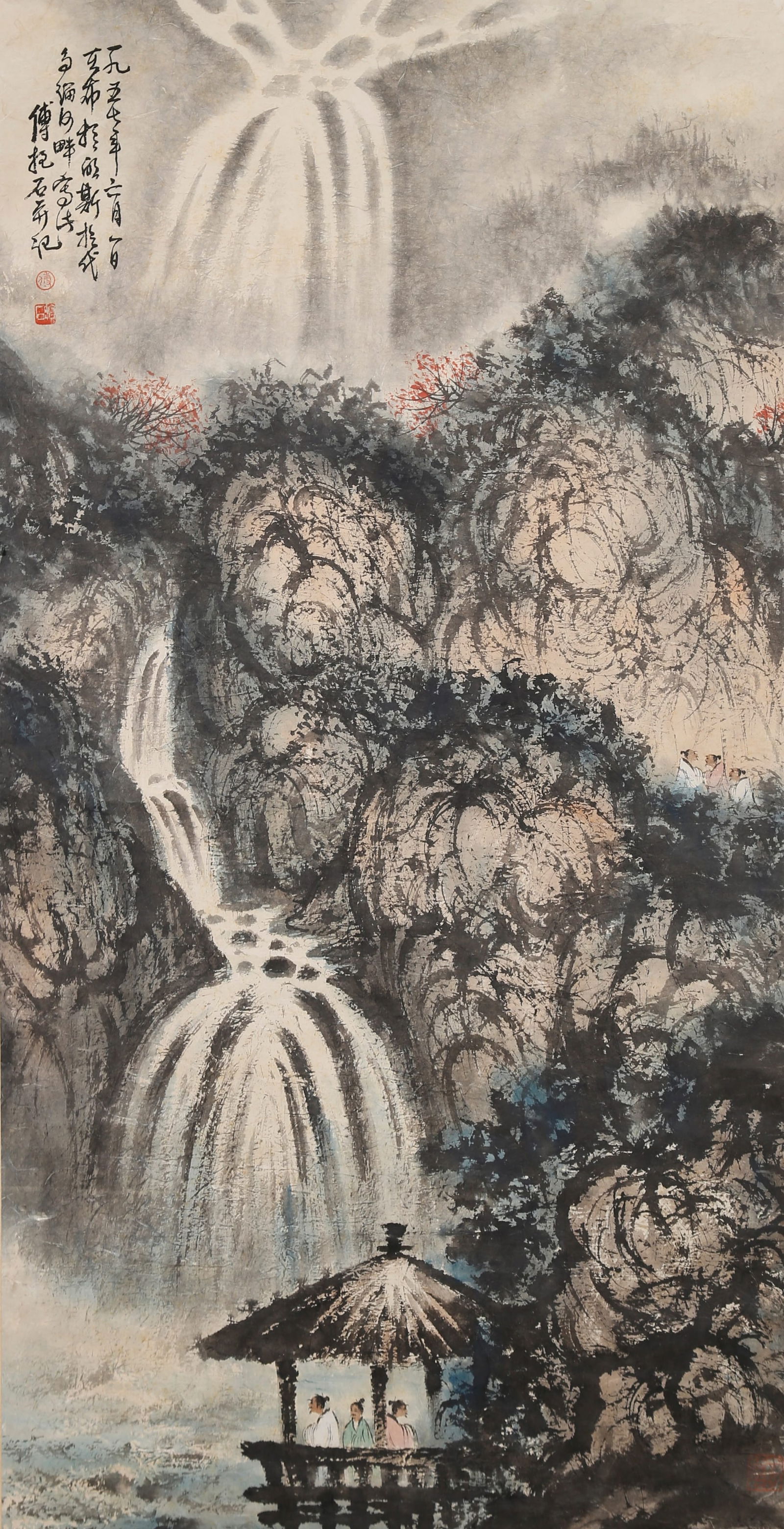 A FIGURE AND LANDSCAPE PAINTING ON PAPER BY FU BAOSHI.傅抱石: Figure and landscape painting on paper by Fu Baoshi.傅抱石