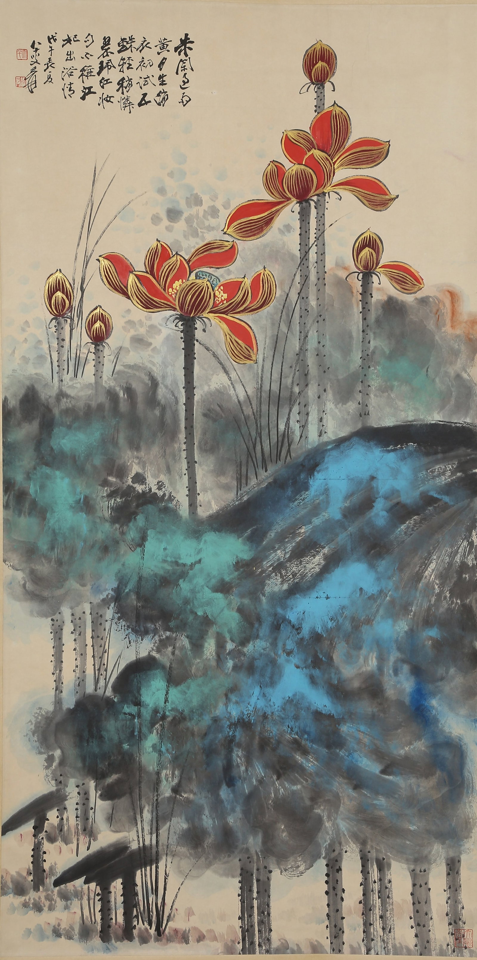 A LOTUS PAINTING ON PAPER BY ZHANG DAQIAN.張大千: Lotus Painting on Paper by Zhang Daqian.張大千