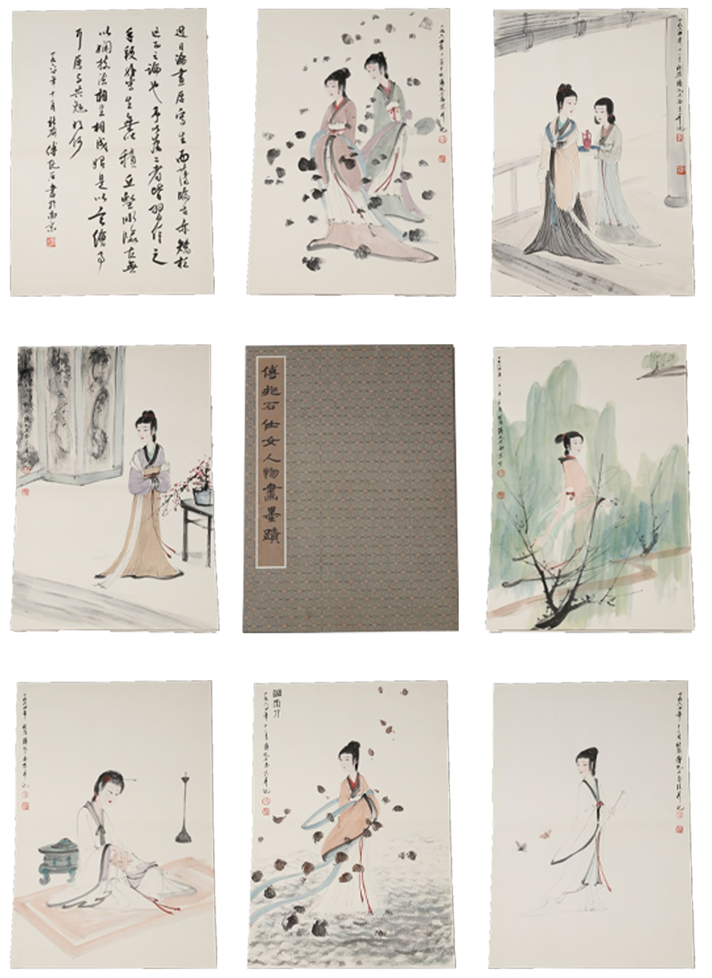 A LADY FIGURE ALBUM ON PAPER BY FU BAOSHI (10 PAGES).傅抱石: Lady Figure Album on Paper by Fu Baoshi (10 pages).傅抱石