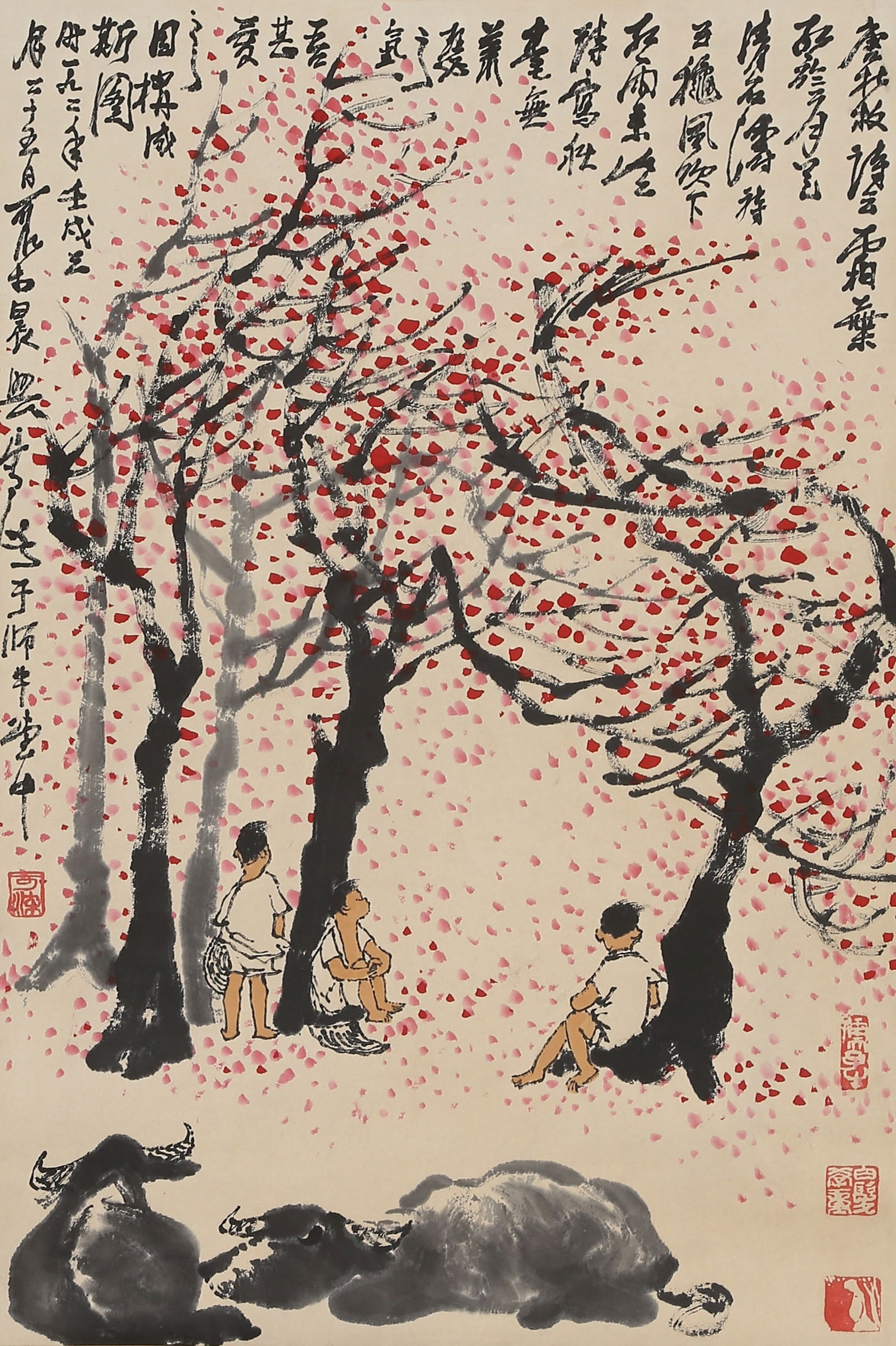 A "CATTLE HERDING" PAINTING ON PAPER BY LI KERAN.李可染: "Cattle Herding" Painting on Paper by Li Keran.李可染