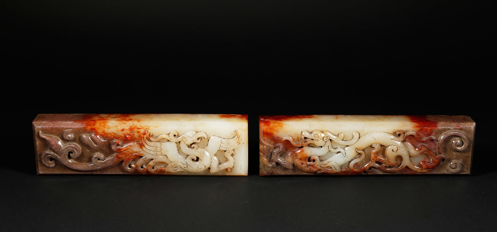A PAIR OF DRAGON AND PHOENIX PAPERWEIGHTS, ANCIENT JADE: Pair of Dragon and Phoenix Paperweights, Ancient Jade