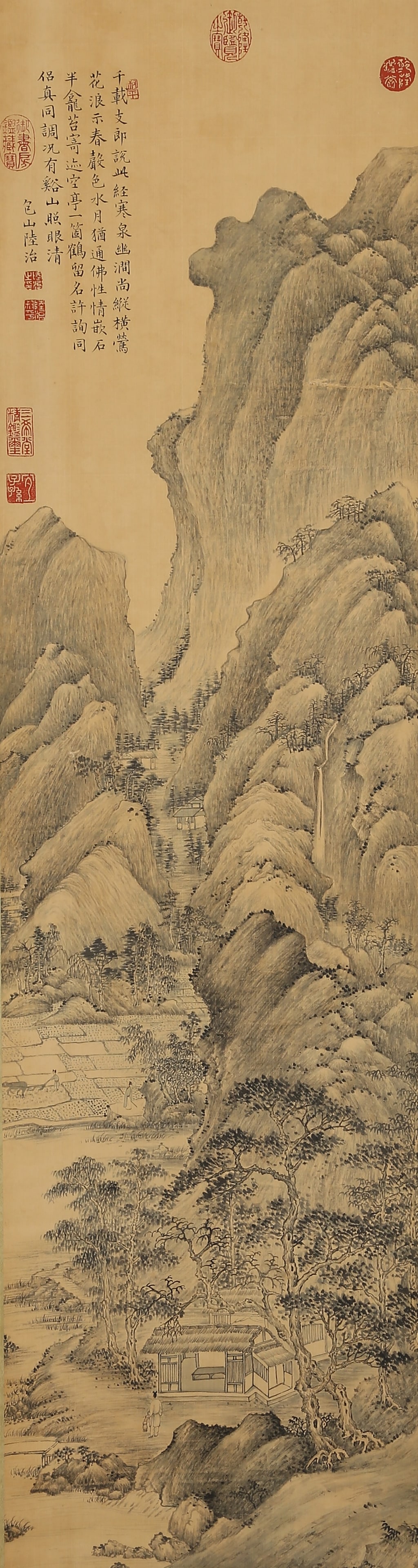 A LANDSCAPE PAINTING ON SILK BY LU ZHI.陸治: Landscape Painting on Silk by Lu Zhi.陸治