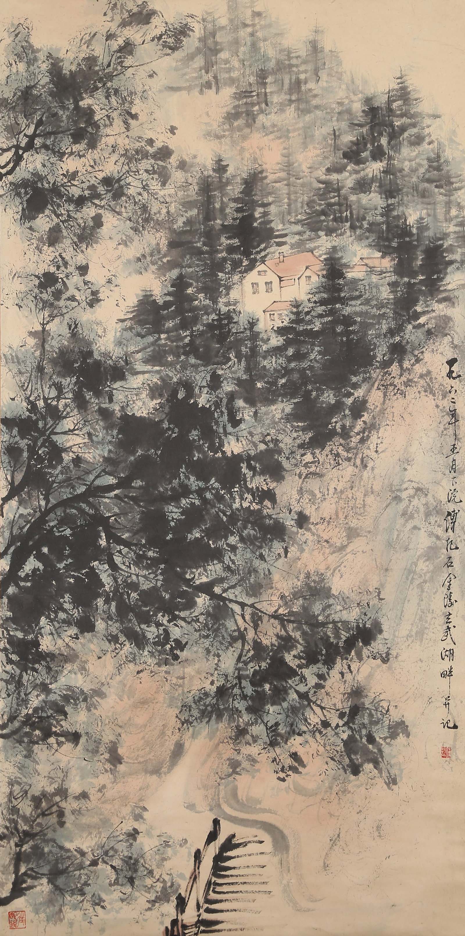 A LANDSCAPE PAINTING ON PAPER BY FU BAOSHI.傅抱石: Landscape painting on paper by Fu Baoshi.傅抱石