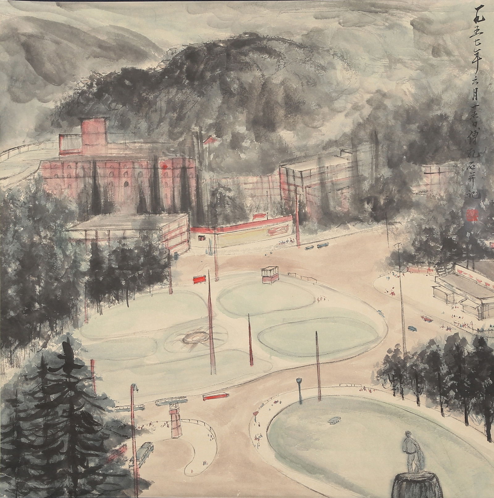 A LANDSCAPE PAINTING ON PAPER BY FU BAOSHI.傅抱石: Landscape painting on paper by Fu Baoshi.傅抱石