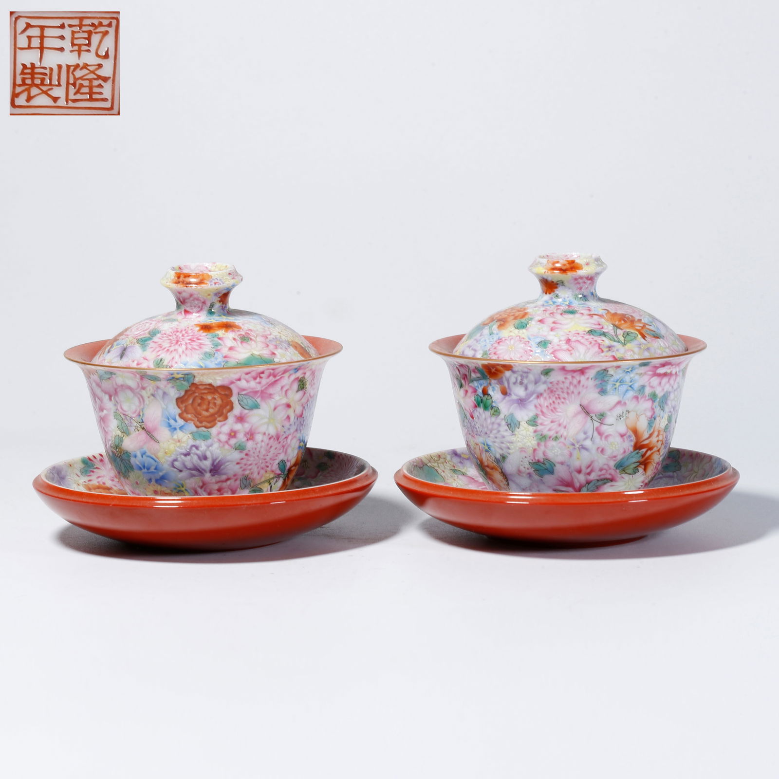 A PAIR OF "HUNDRED FLOWERS" TEA CUPS WITH FLORAL DESIGN: Pair of "Hundred Flowers" tea cups with floral design