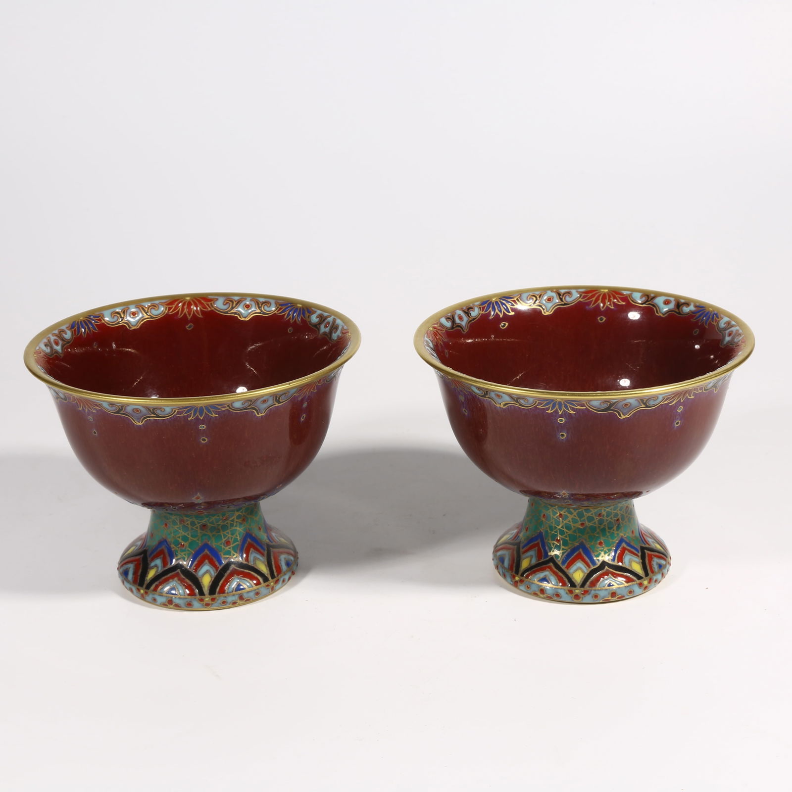 A RED GROUND ENAMEL COLOR TALL-STEMMED CUPS SET (1 of 8)