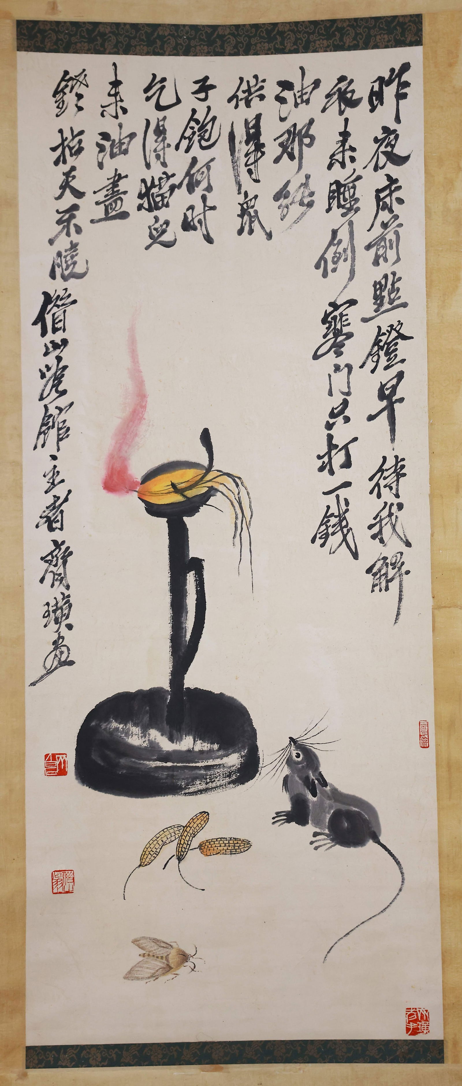 A MICE AND CANDLESTICK PAINTING ON PAPER BY QI BAISHI.齊白石: Mice and Candlestick painting on paper by Qi Baishi.齊白石