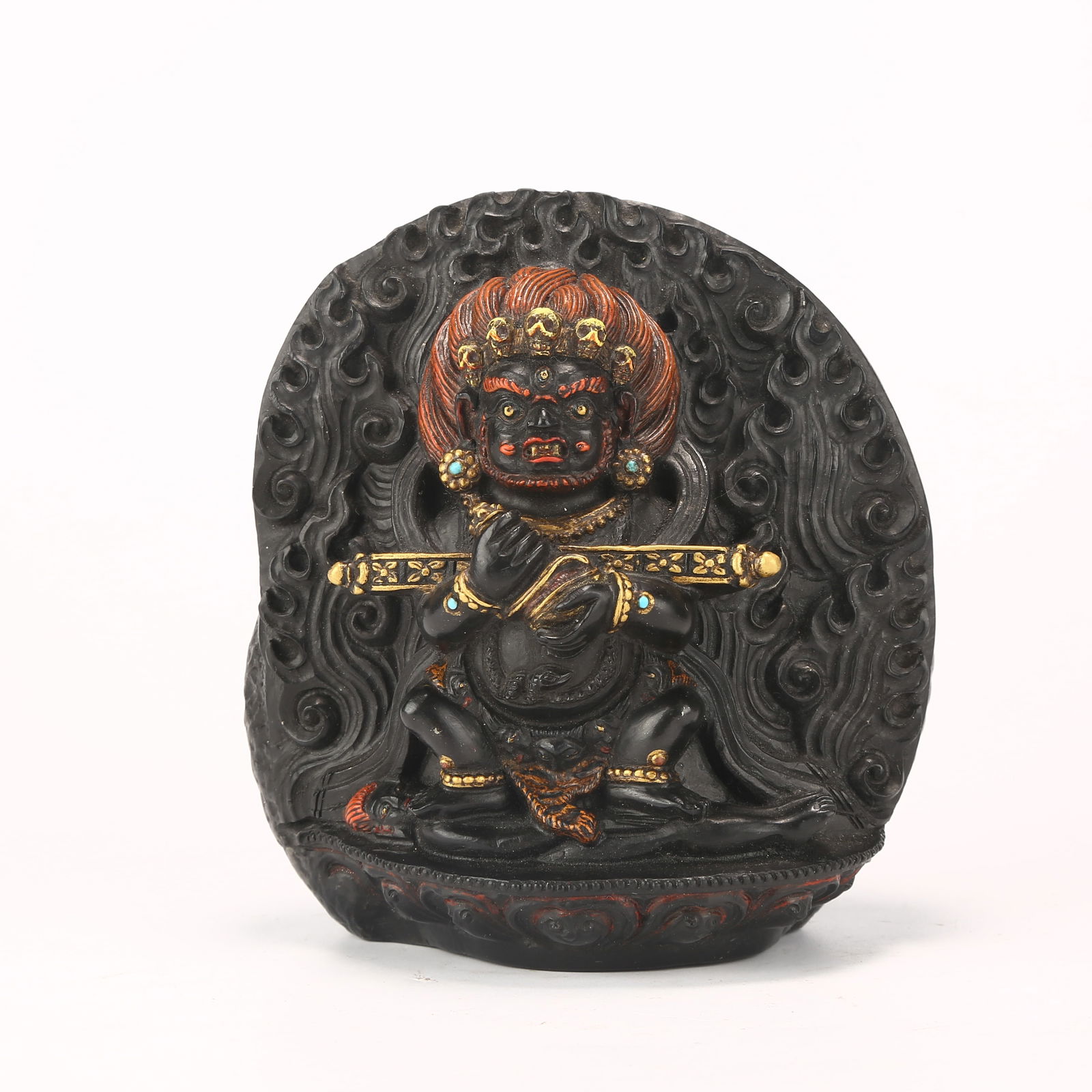 A POLYCHROME TWO-ARMED MAHAKALA FIGURE IN CONCH FOSSIL: Polychrome Two-Armed Mahakala Figure in Conch Fossil