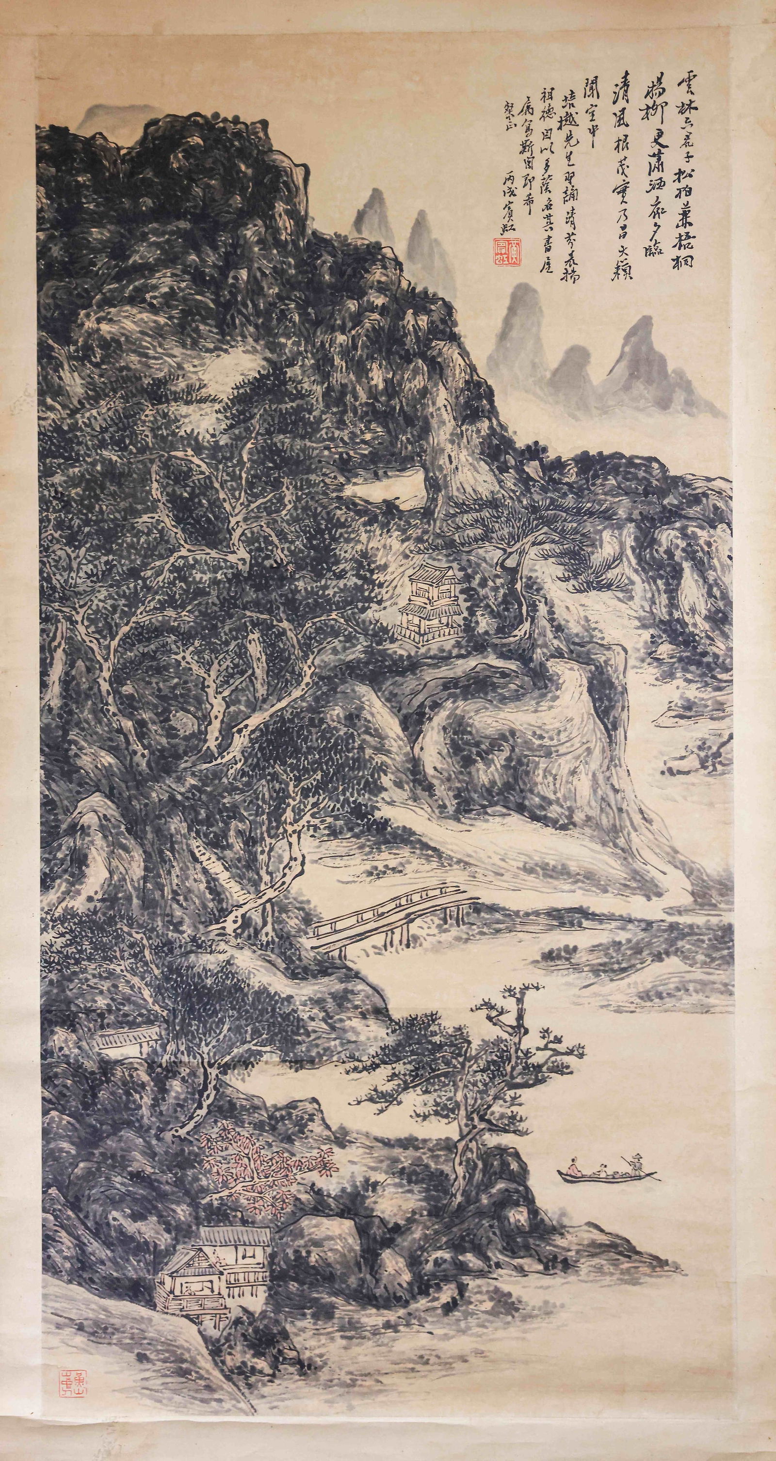 A LANDSCAPE PAINTING ON PAPER BY HUANG BINHONG.黃賓虹: Landscape painting on paper by Huang Binhong.黃賓虹