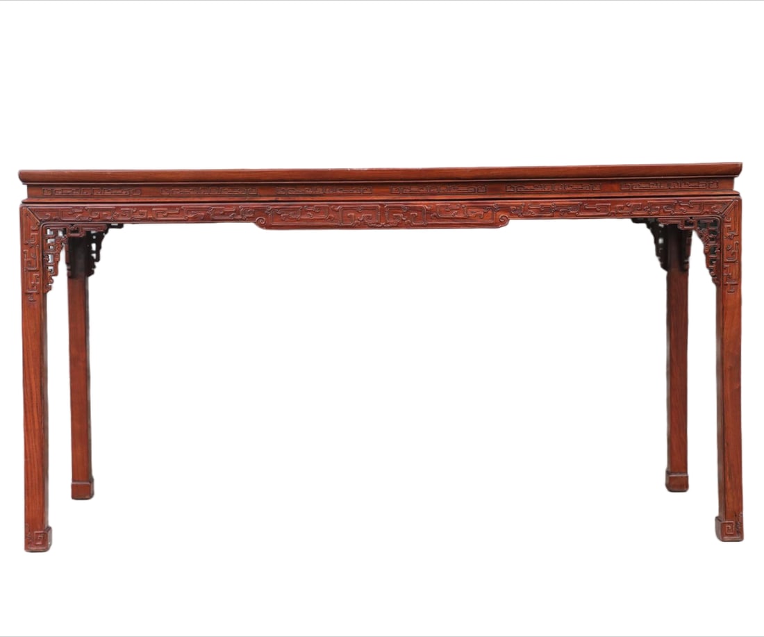 A HUANGHUALI CONSOLE TABLE INLAID WITH ZITAN WAN-CHARACTER PATTERN: Huanghuali console table inlaid with zitan wan-character pattern