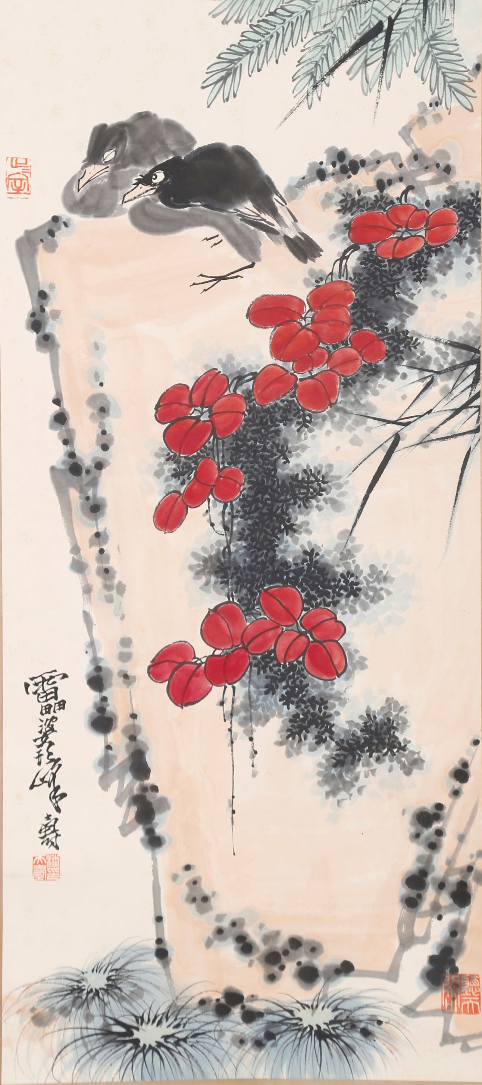 A FLOWERS AND BIRDS PAINTING ON PAPER BY PAN TIANSHOU.潘天壽 (1 of 9)