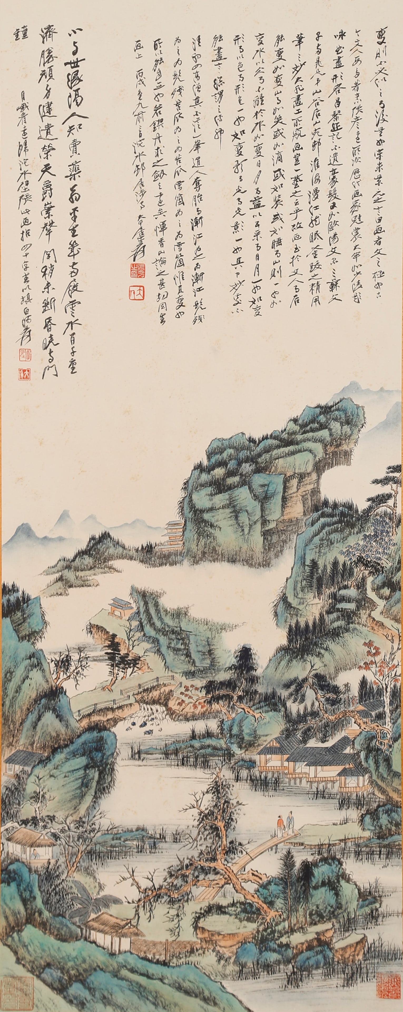 A LANDSCAPE AND STORIES PAINTING ON PAPER BY ZHANG DAQIAN.張大千: Landscape and Stories Painting on Paper by Zhang Daqian.張大千