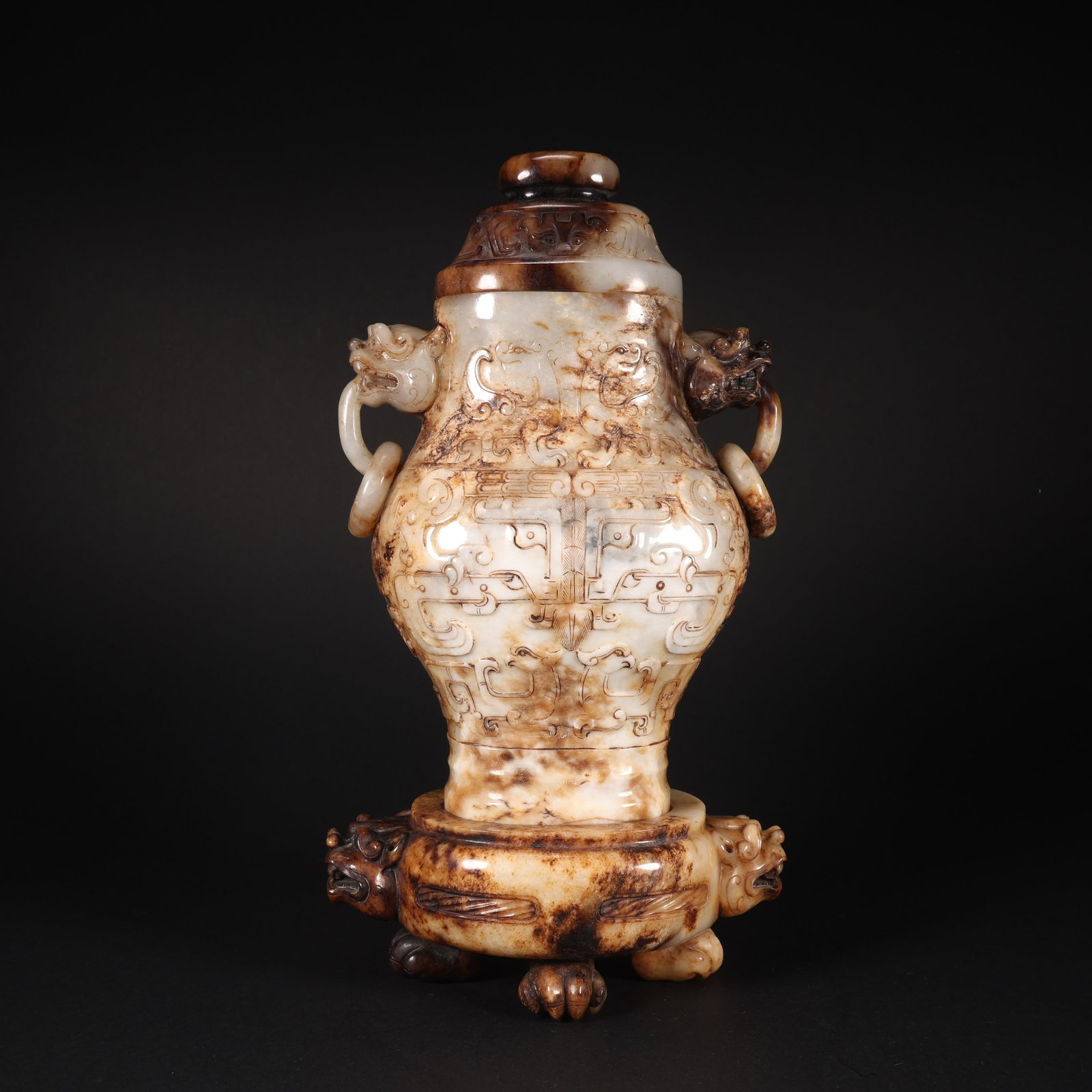 A HETIAN JADE THREE-PIECE DOUBLE-DRAGON VASE SET (1 of 9)