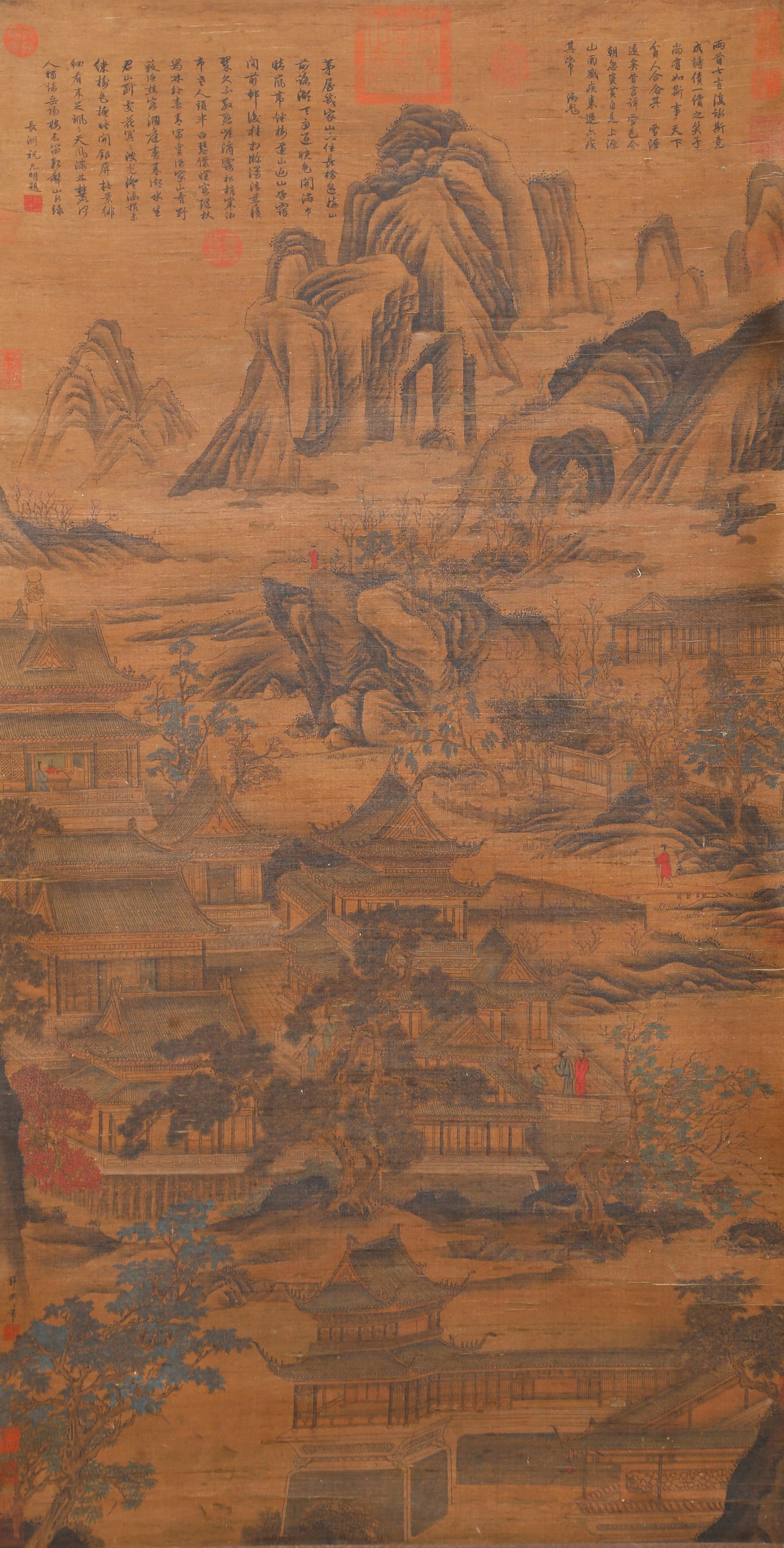 A LANDSCAPE WITH PAVILIONS PAINTING ON SILK BY GUO XI.郭熙: Landscape with pavilions painting on silk by Guo Xi.郭熙