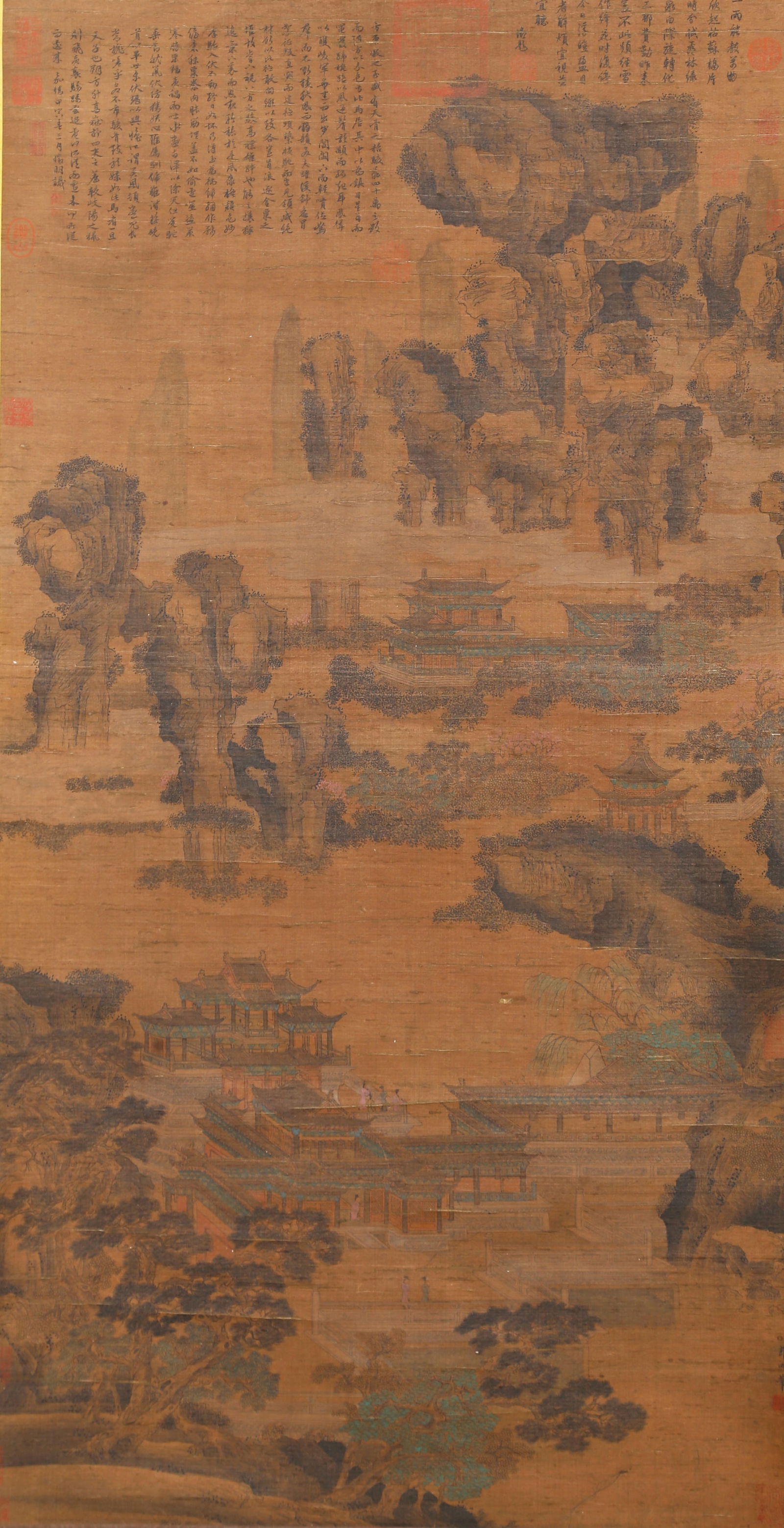 A IMMORTAL MOUNTAINS AND PAVILIONS PAINTING ON SILK BY GUO XI.郭熙: Immortal mountains and pavilions painting on silk by Guo Xi.郭熙