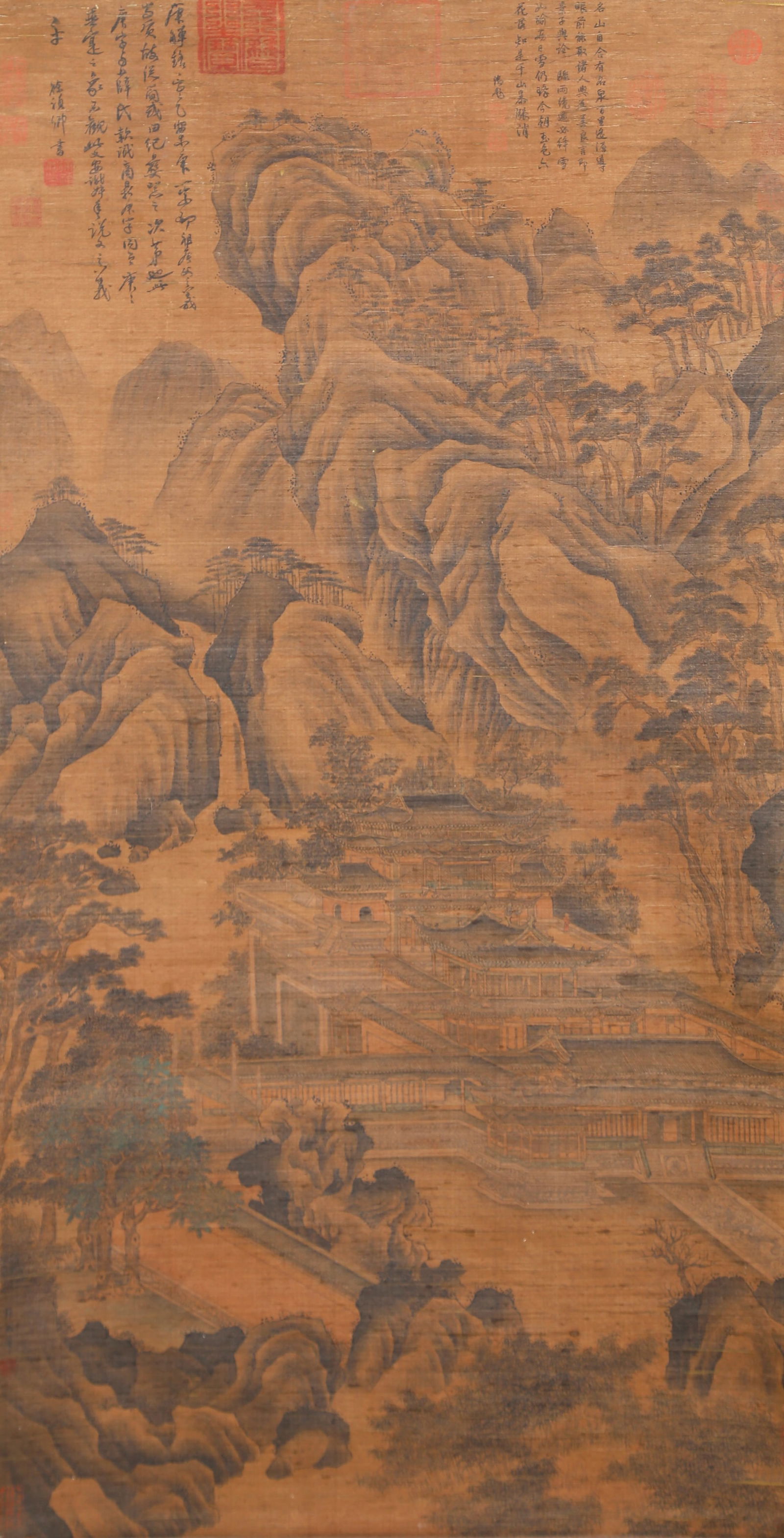 A LANDSCAPE WITH PAVILIONS PAINTING ON SILK BY GUO XI.郭熙: Landscape with pavilions painting on silk by Guo Xi.郭熙