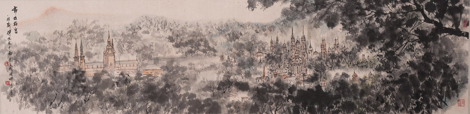 A PRAGUE CASTLE PAINTING ON PAPER HANGING SCROLL BY FU BAOSHI.傅抱石: Prague Castle Painting on Paper Hanging Scroll by Fu Baoshi.傅抱石