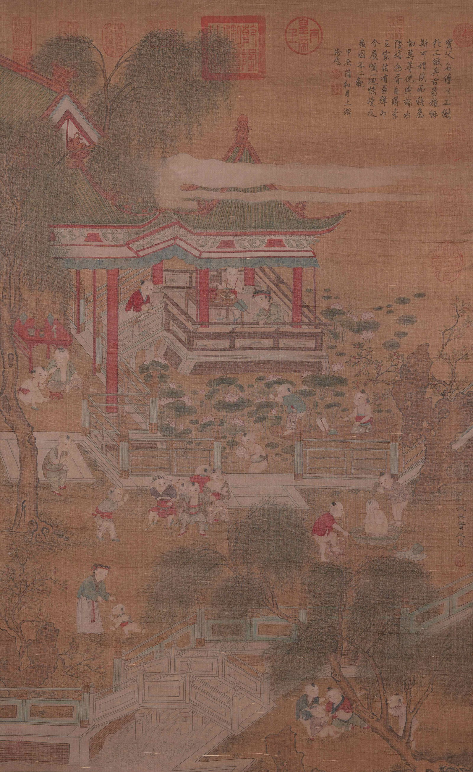 A CHILDREN AT PLAY PAINTING ON SILK BY QIU YING.仇英: Children at Play Painting on Silk by Qiu Ying.仇英