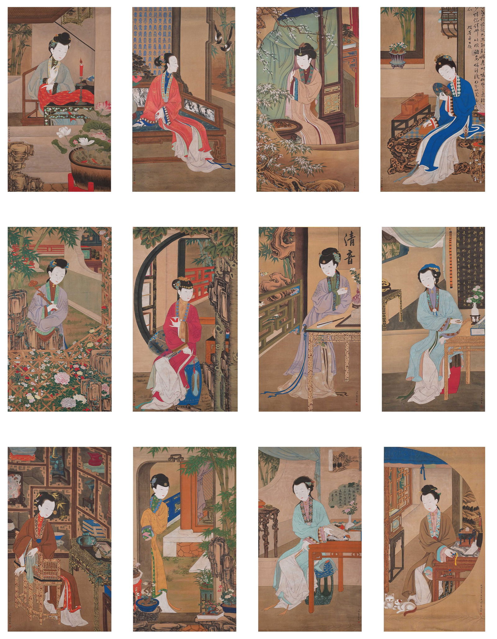 A TWELVE IMPERIAL CONSORTS PAINTING ON SILK BY GIUSEPPE CASTIGLIONE (TWELVE PIECES).郎世: Twelve imperial consorts painting on silk by Giuseppe Castiglione (twelve pieces).郎世寧