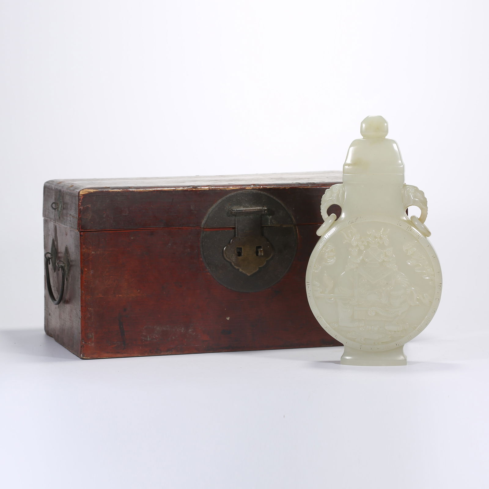 A HETIAN WHITE JADE COVERED VASE WITH ELEPHANT EARS, HINGED RING, AND "PEACEFUL PROSPERITY" MOTIF: Hetian White Jade Covered Vase with Elephant Ears, Hinged Ring, and "Peaceful Prosperity" Motif