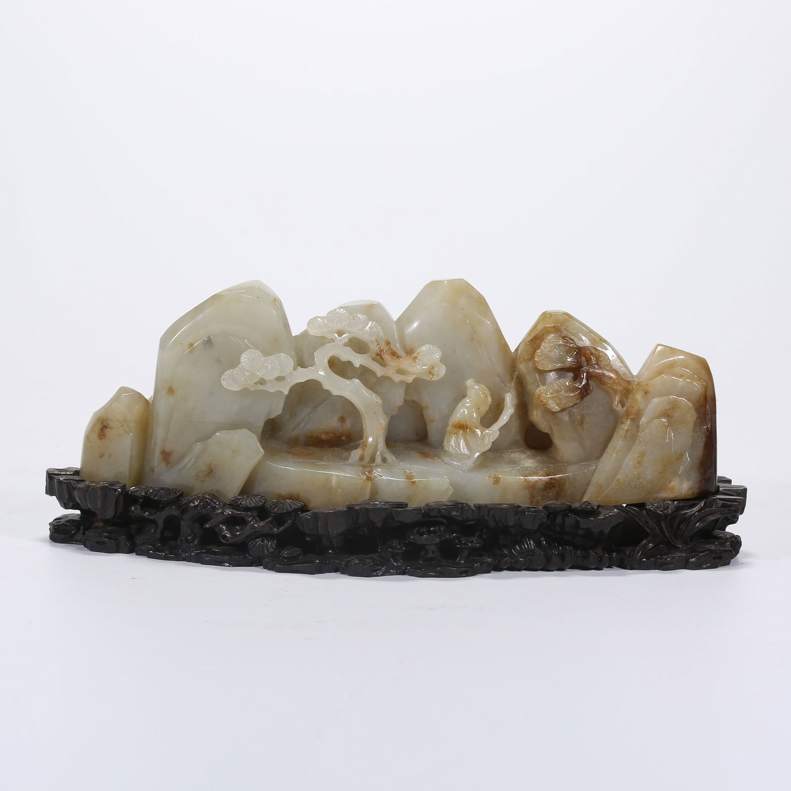 A HETIAN JADE BRUSH RACK WITH SCHOLAR UNDER PINE TREE: Hetian Jade Brush Rack with Scholar under Pine Tree