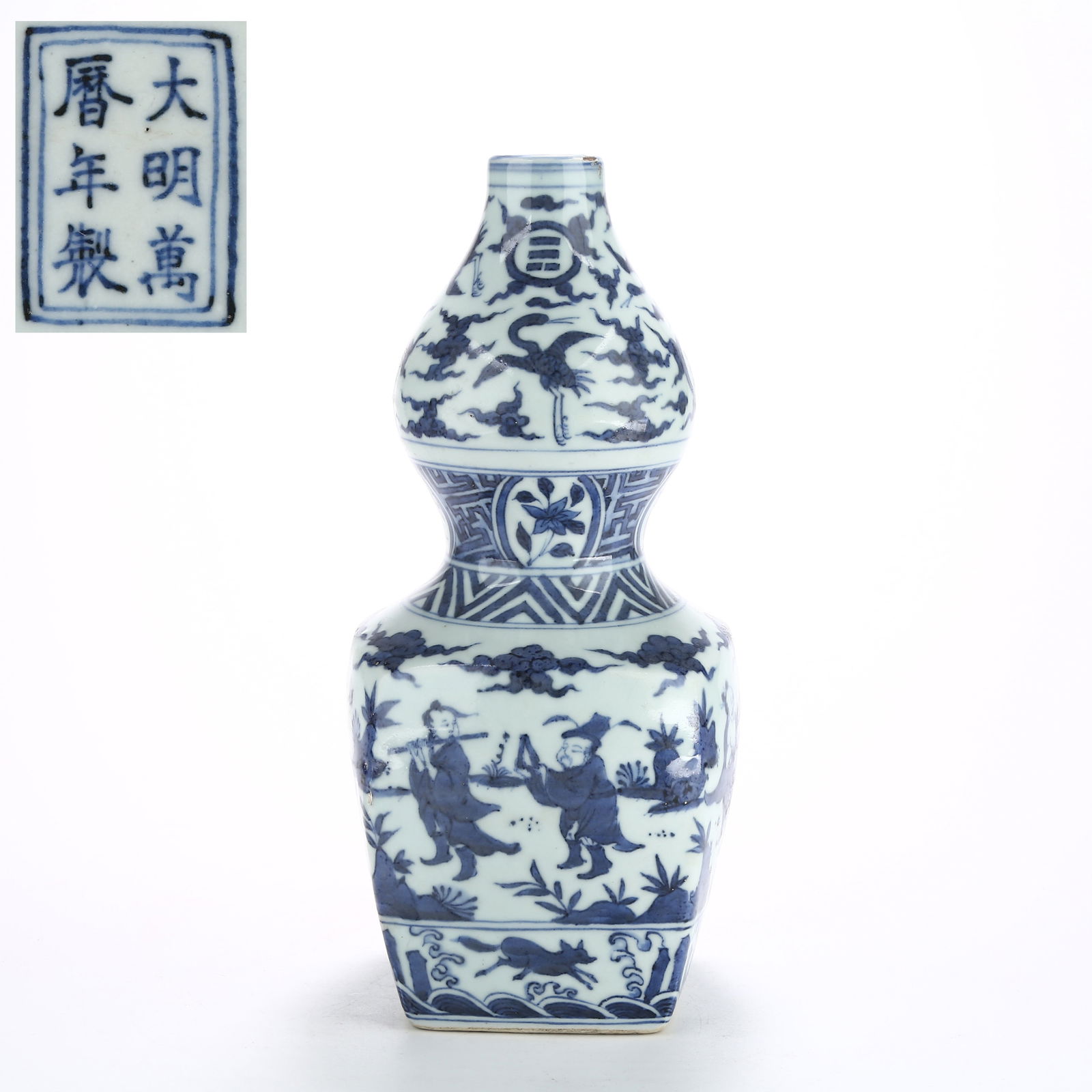 A BLUE AND WHITE "EIGHT IMMORTALS" GOURD VASE WITH ROUND HEAVEN AND SQUARE EARTH BASE: Blue and White "Eight Immortals" Gourd Vase with Round Heaven and Square Earth Base