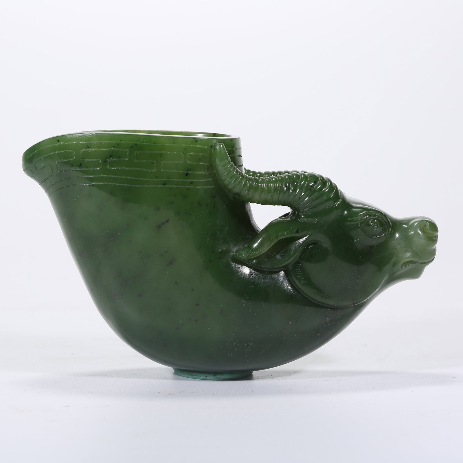 A HETIAN GREEN JADE RAM-HORN CUP: Hetian Green Jade Ram-Horn Cup