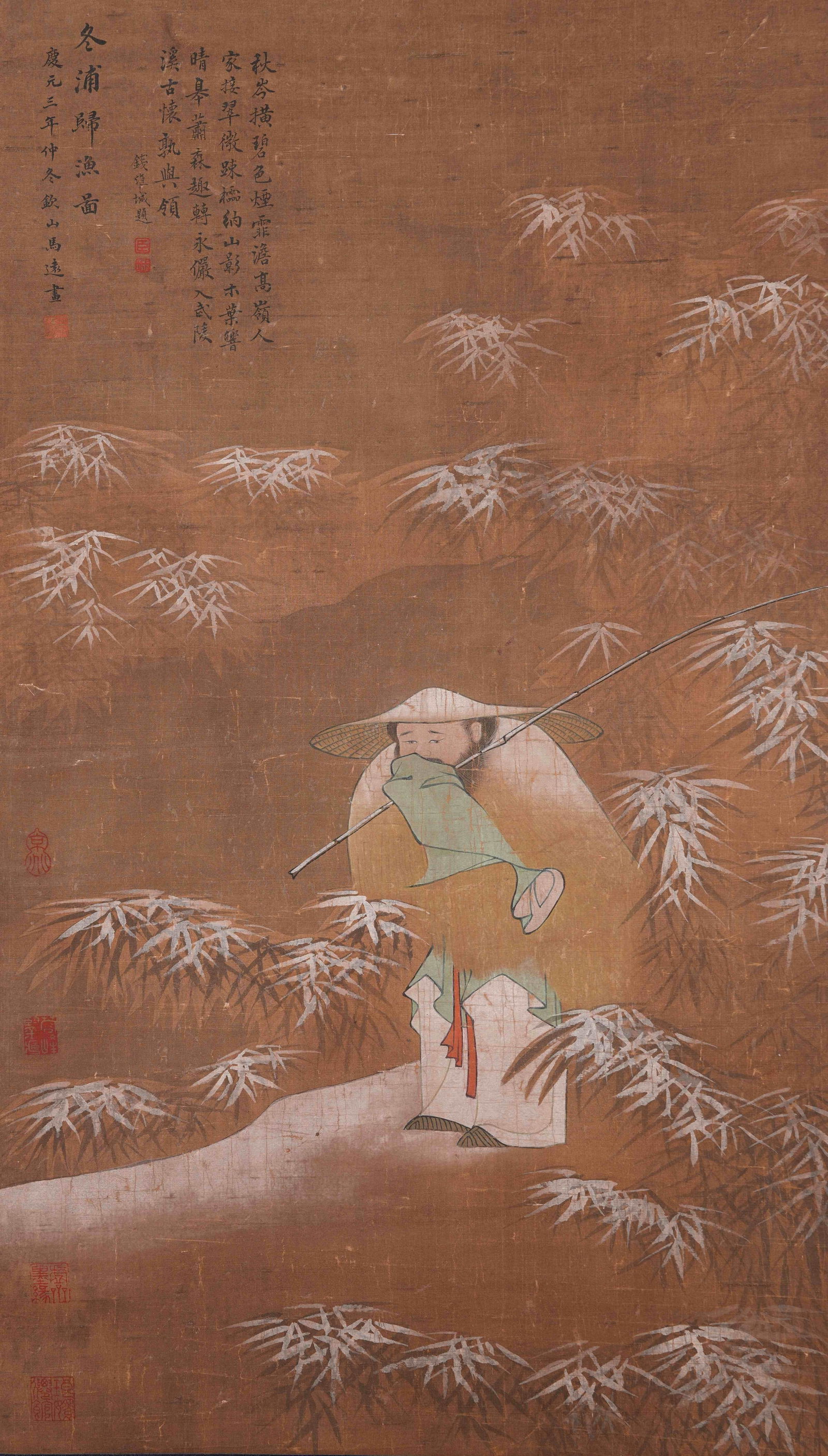 A RETURNING FISHERMEN IN WINTER PAINTING ON SILK BY MA YUAN.馬遠: Returning fishermen in winter painting on silk by Ma Yuan.馬遠