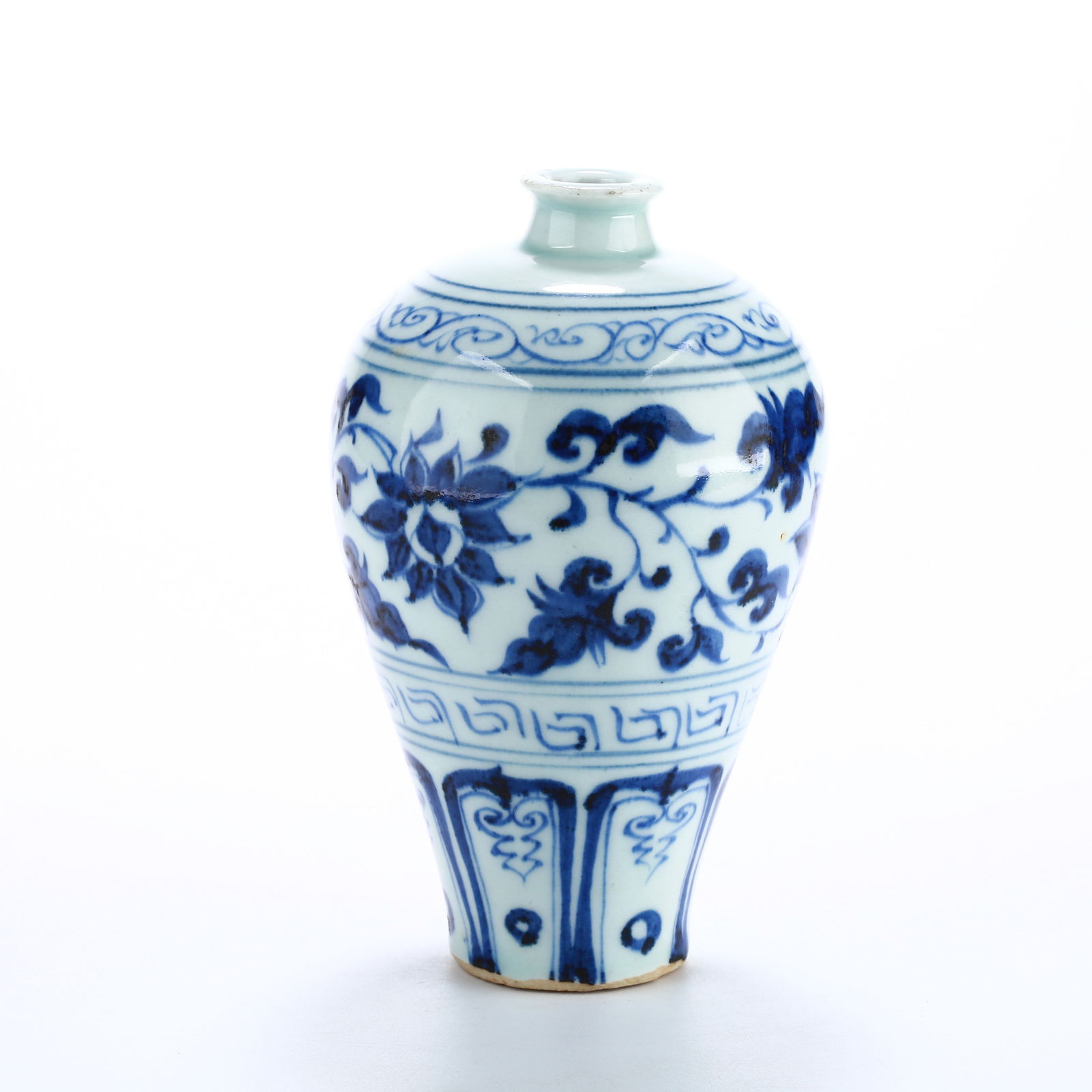 A BLUE AND WHITE MEIPING VASE WITH SCROLLING FLORAL PATTERN: Blue and White Meiping Vase with Scrolling Floral Pattern